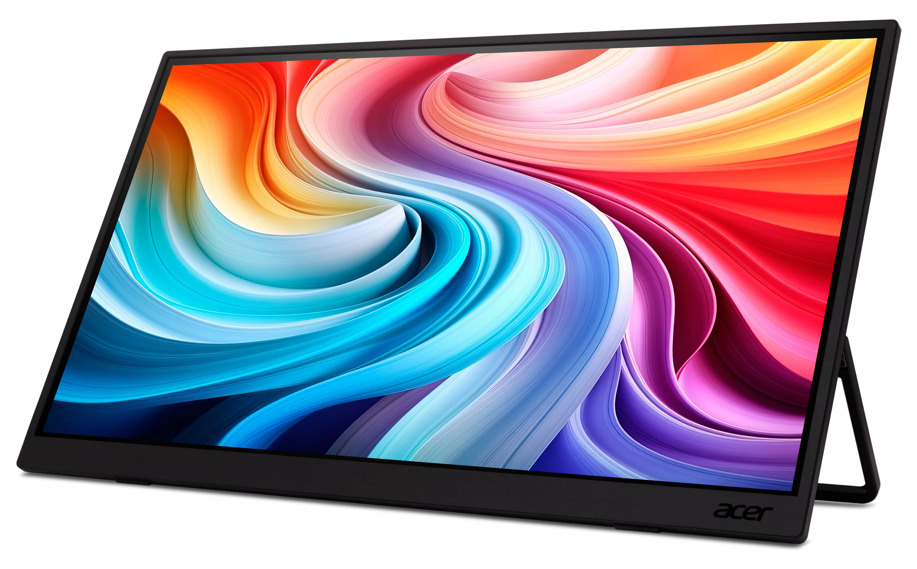 Un monitor portatile Acer con cornice sottile mostra un motivo ad onde astratte e colorate.