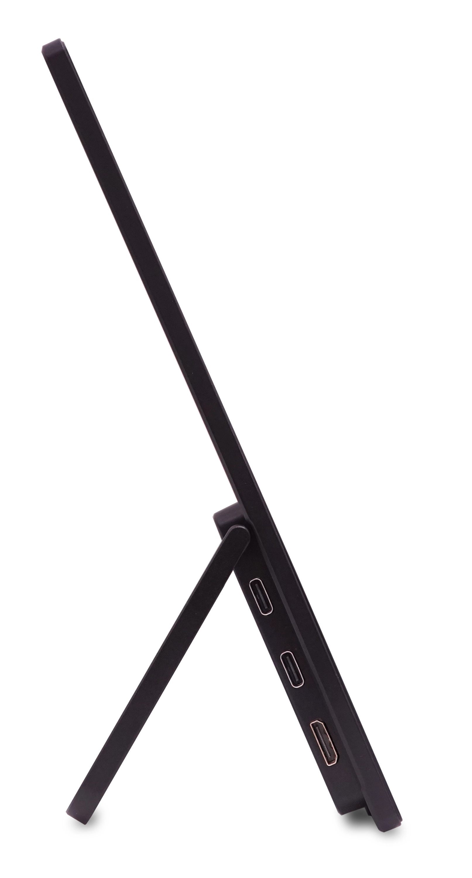 Vista laterale di un monitor nero sottile con supporto integrato e porte visibili.