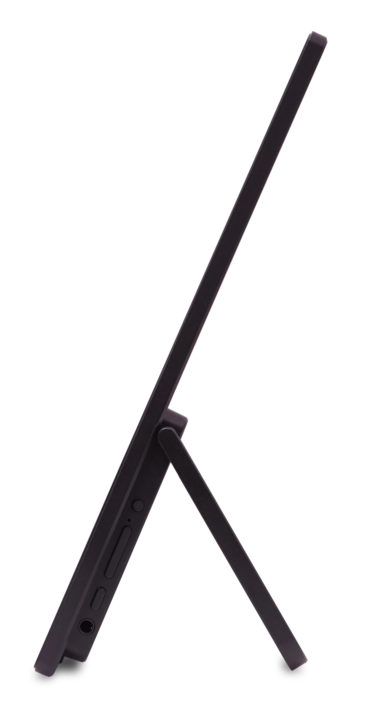 Vista laterale di un tablet nero su supporto pieghevole integrato, con tasti e porte laterali su sfondo bianco.