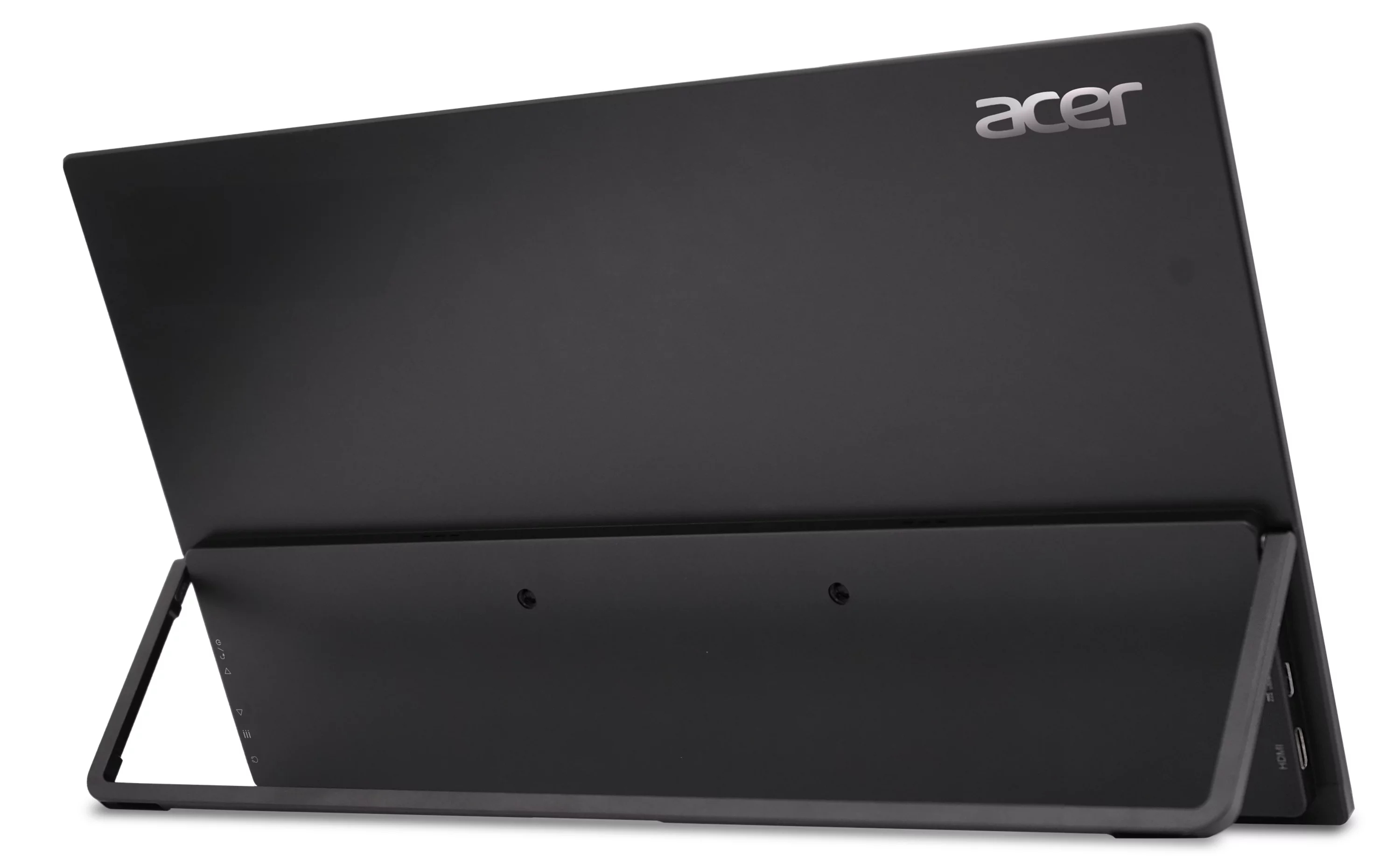 Vista posteriore di un monitor portatile Acer nero con supporto integrato, su sfondo bianco.