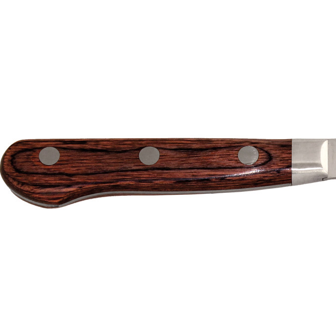 Holzgriff eines Küchenmessers mit drei Metallnieten.