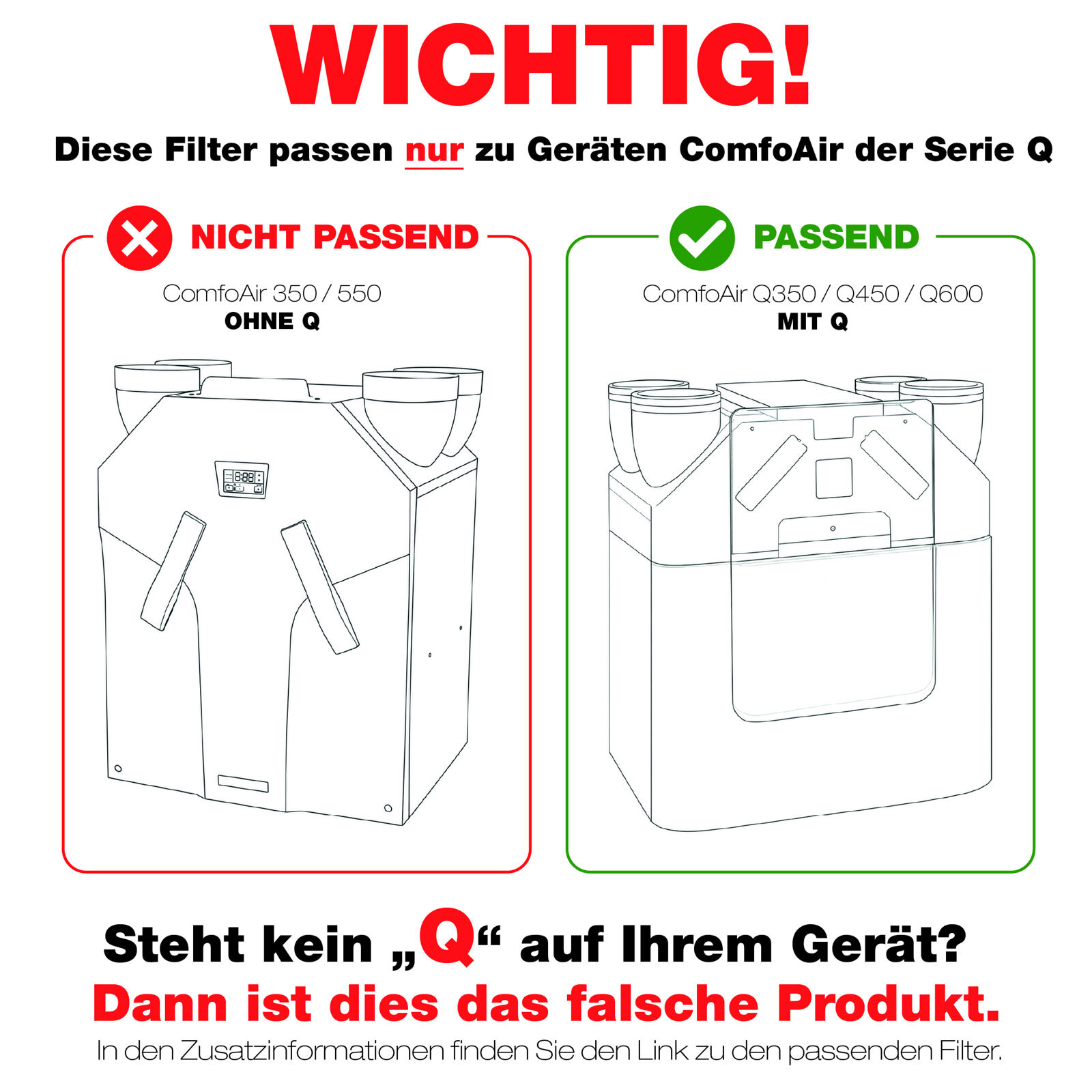 Vergleichsgrafik zeigt Filterkompatibilität für ComfoAir-Lüftungsgeräte mit und ohne Q-Serie.