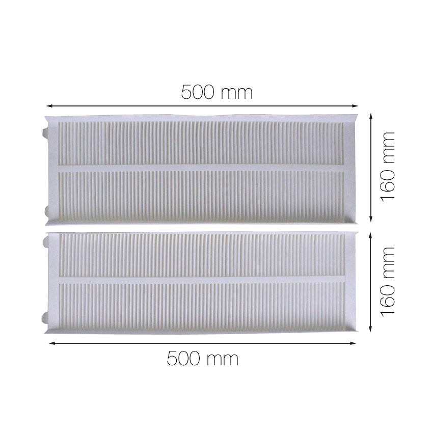 Zwei weiße, gefaltete Filter mit Abmessungen von 500 mm mal 160 mm.