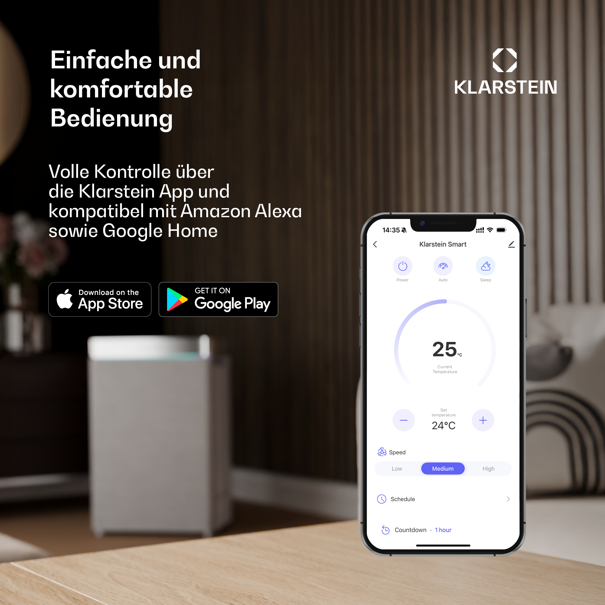 Smartphone que muestra la app Klarstein Smart con los logos de App Store y Google Play junto a un purificador.
