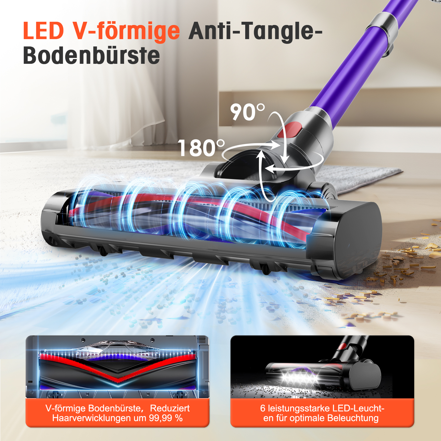LED-V-Bodenbürste mit Haartangelschutz, 180° und 90° drehbar, mit blauer Saugkraft.