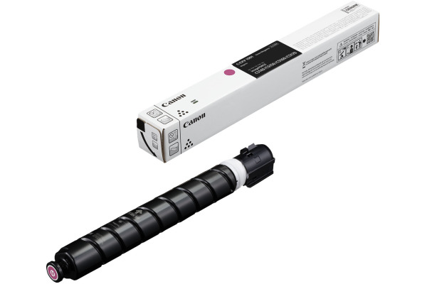 Una lunga cartuccia di toner nera cilindrica giace accanto alla sua scatola di imballaggio bianca e nera con logo Canon su sfondo bianco.