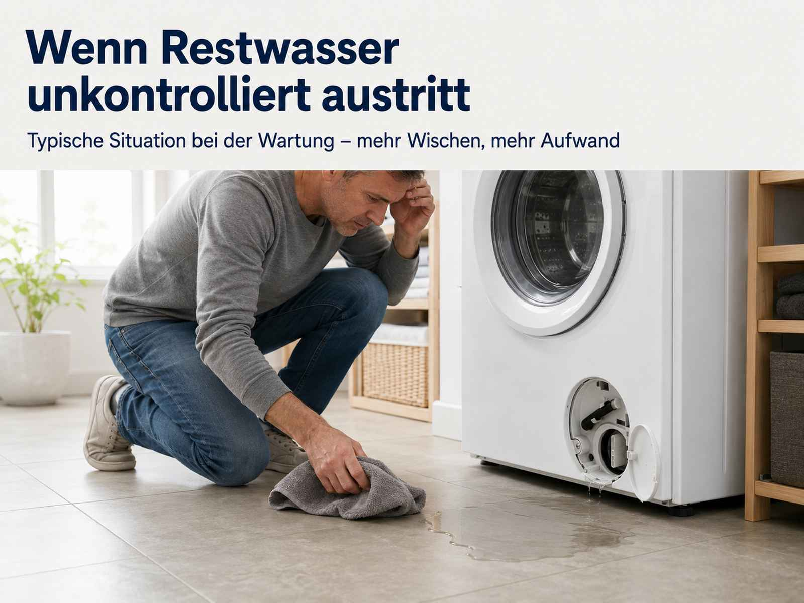 Ein Mann wischt gestresst auslaufendes Wasser von der Waschmaschine auf.