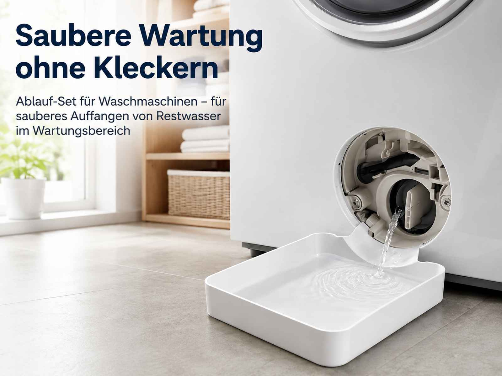 Wasser läuft aus einer geöffneten Waschmaschinenklappe in eine weiße Auffangschale am Boden.