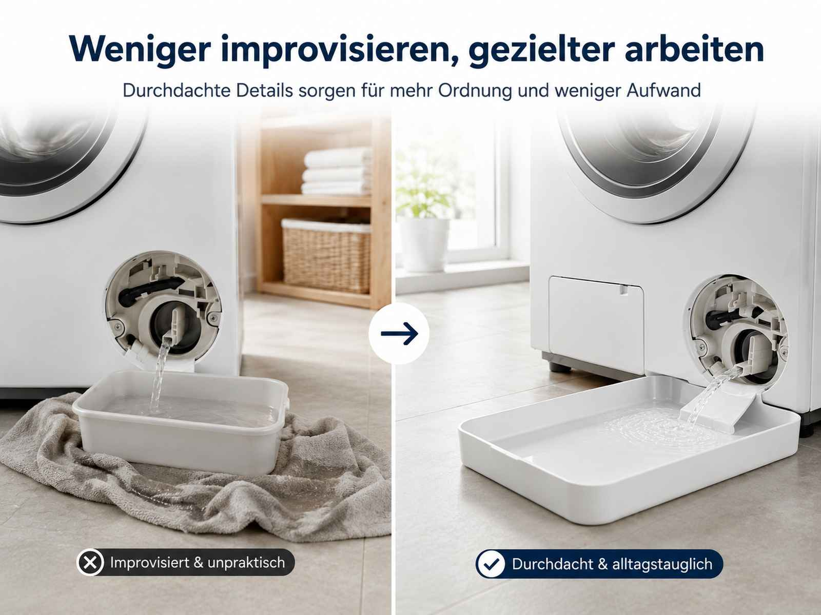 Vergleich der Waschmaschinen-Filterentleerung: unpraktisch mit Handtuch versus passende Schale.