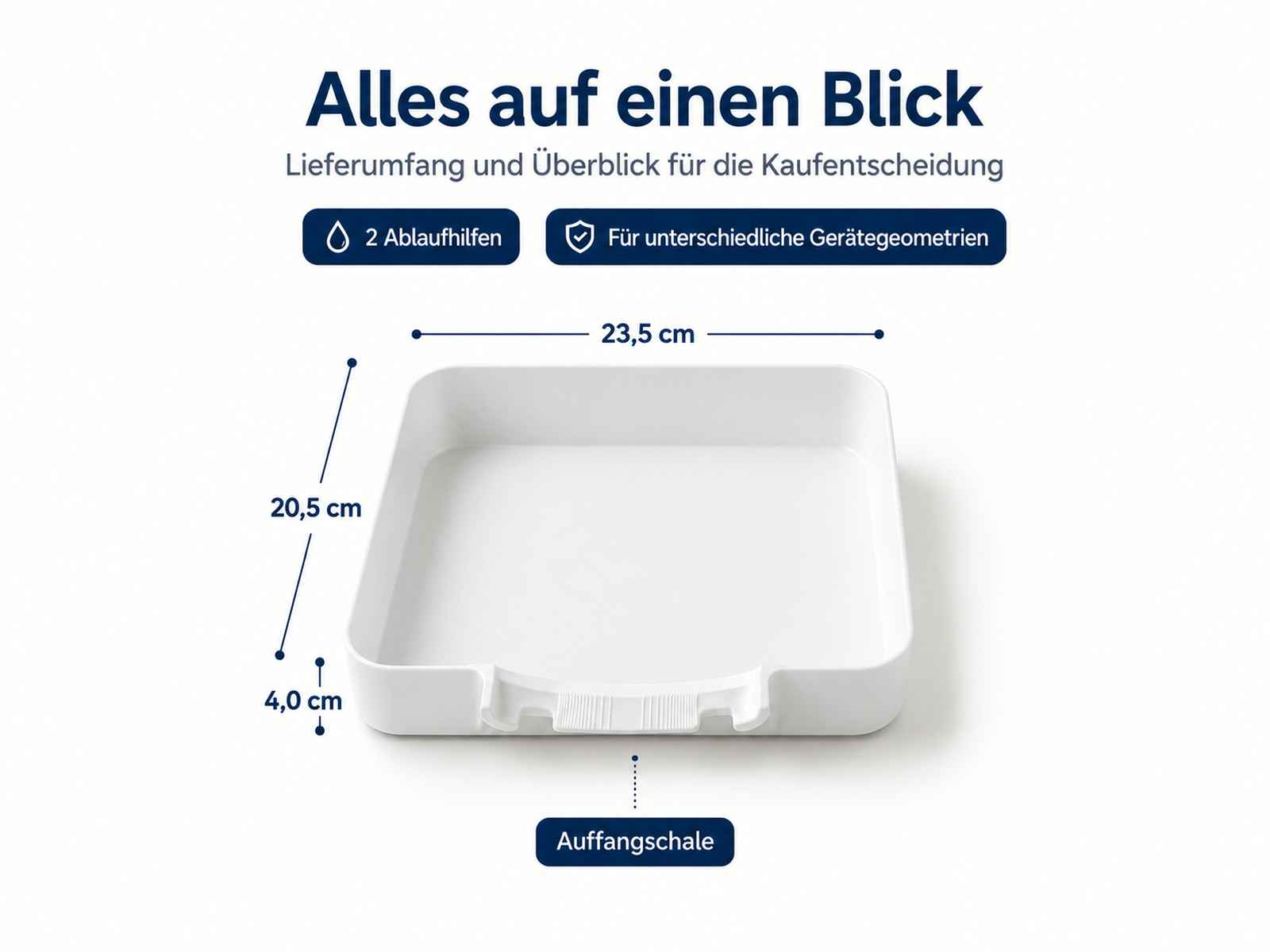 Diagramm einer weißen Auffangschale mit Maßen von 23,5 cm Breite, 20,5 cm Länge und 4 cm Höhe.