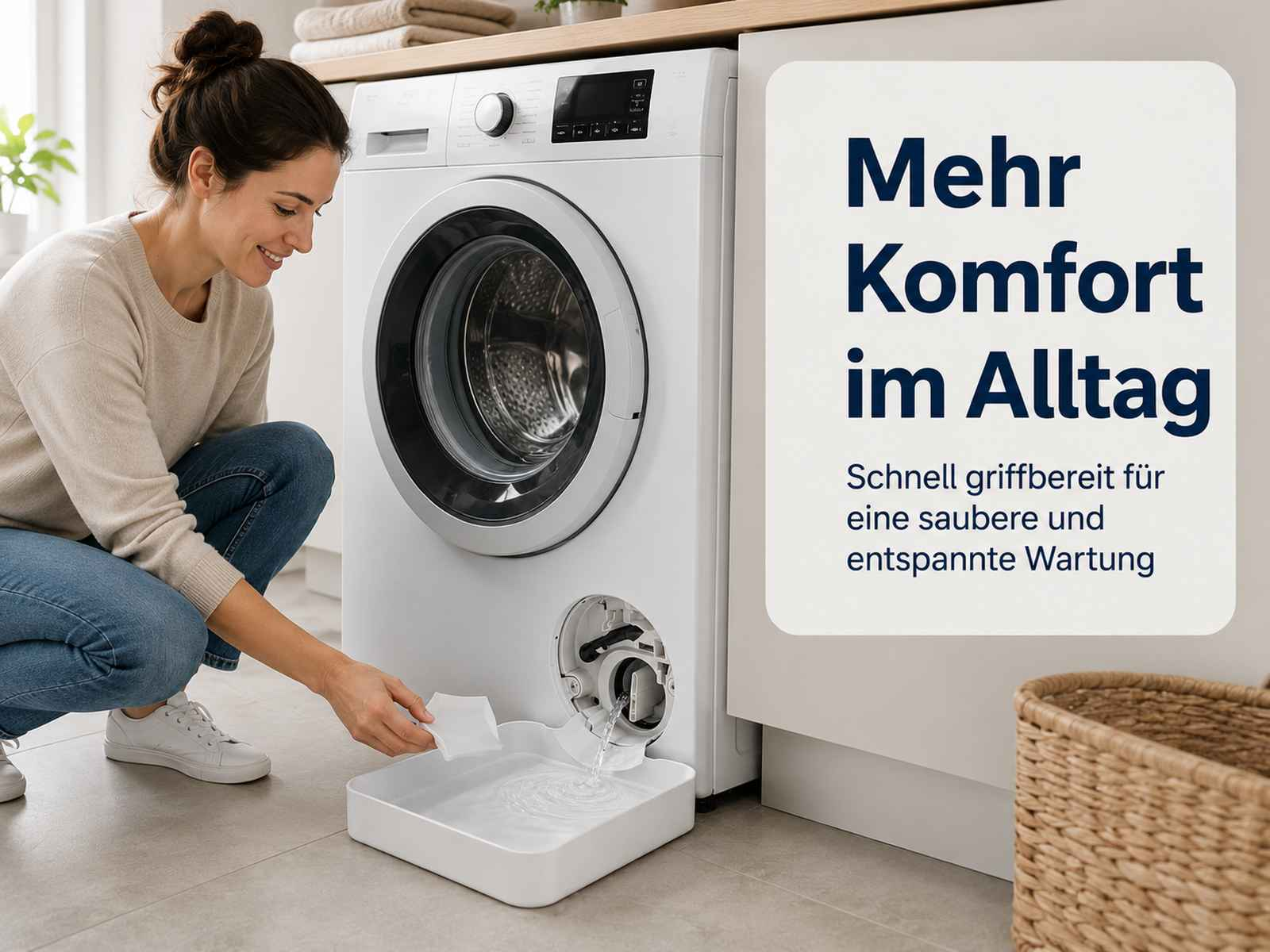 Eine Frau lässt Wasser aus dem Waschmaschinenfilter in eine kleine weiße Wanne auf dem Boden ab.