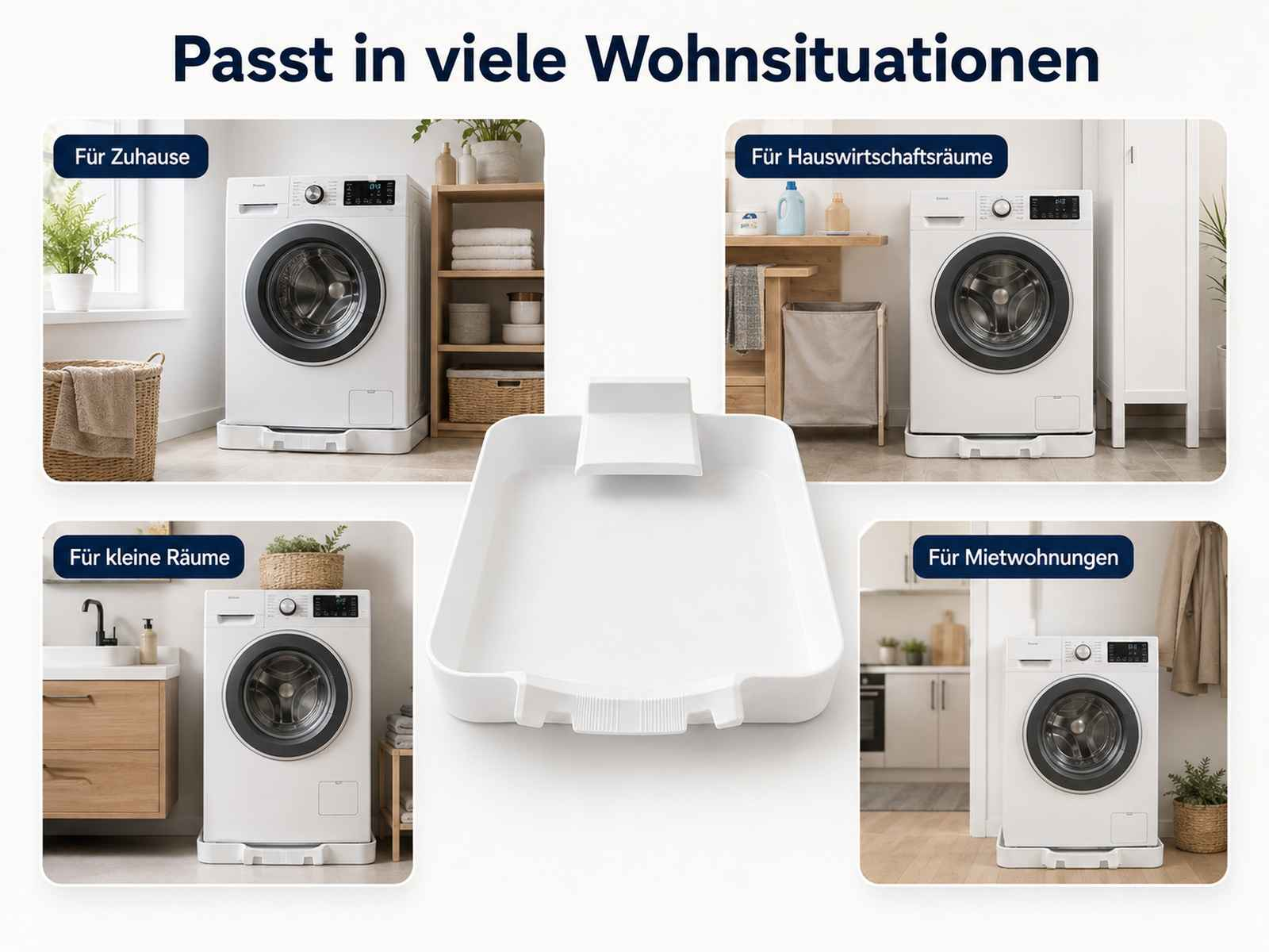 Eine weiße Waschbeckenunterlage gezeigt in vier verschiedenen Wohnszenarien.
