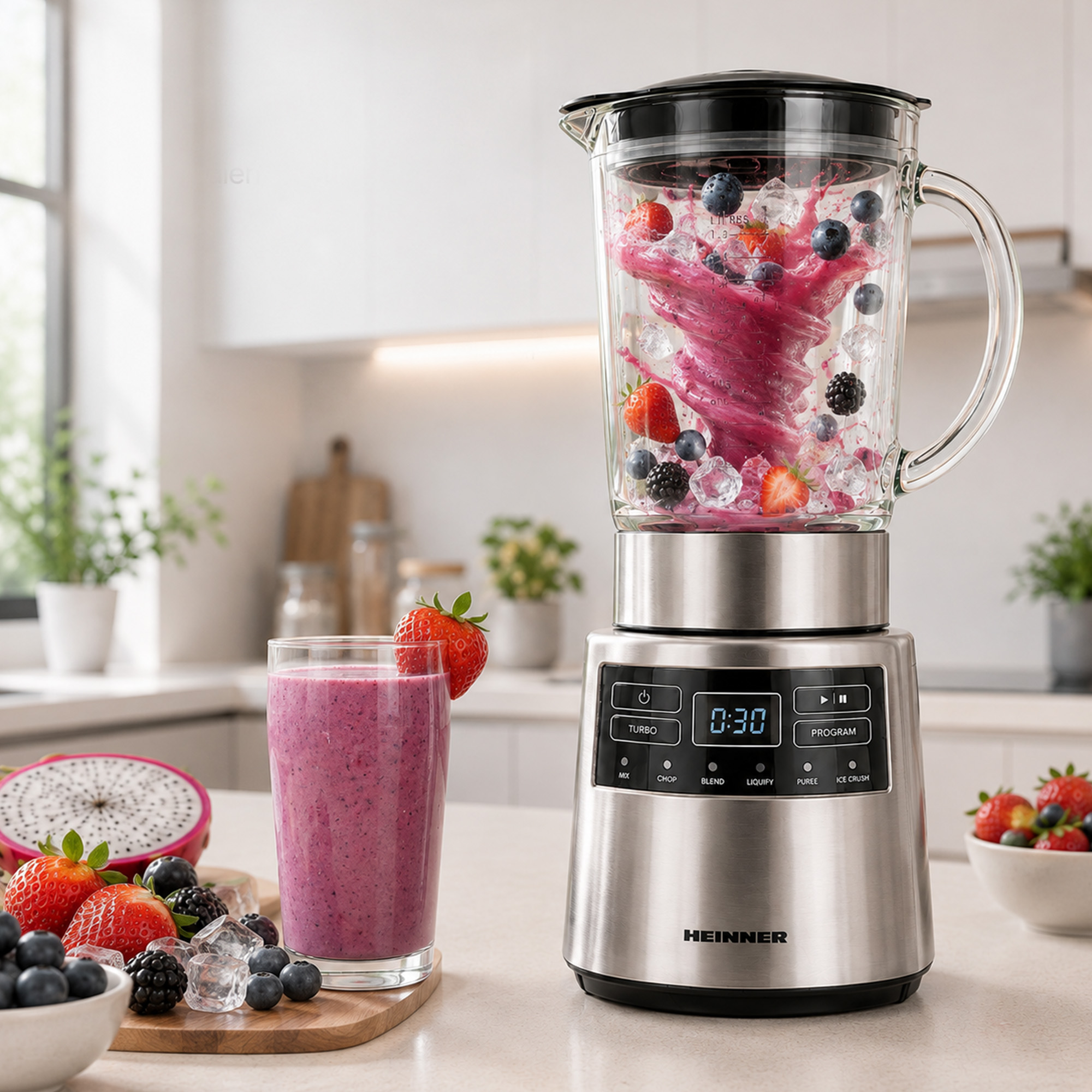 Blender en inox mixant un smoothie aux fruits rouges et des glaçons. Un verre plein à côté dans une cuisine lumineuse.