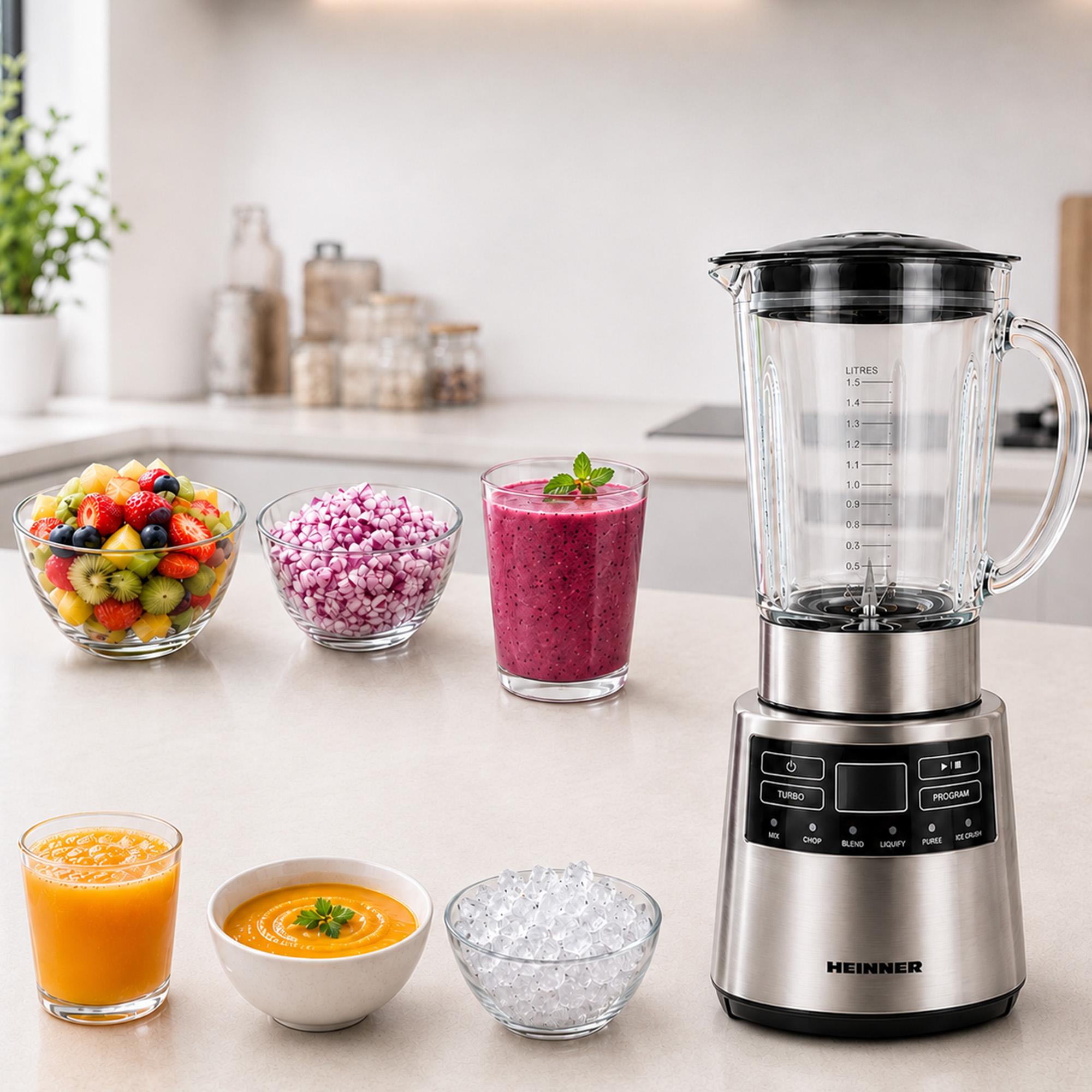 Un blender argenté sur un comptoir de cuisine avec des bols de fruits, oignons hachés, smoothie, jus, soupe et glace.