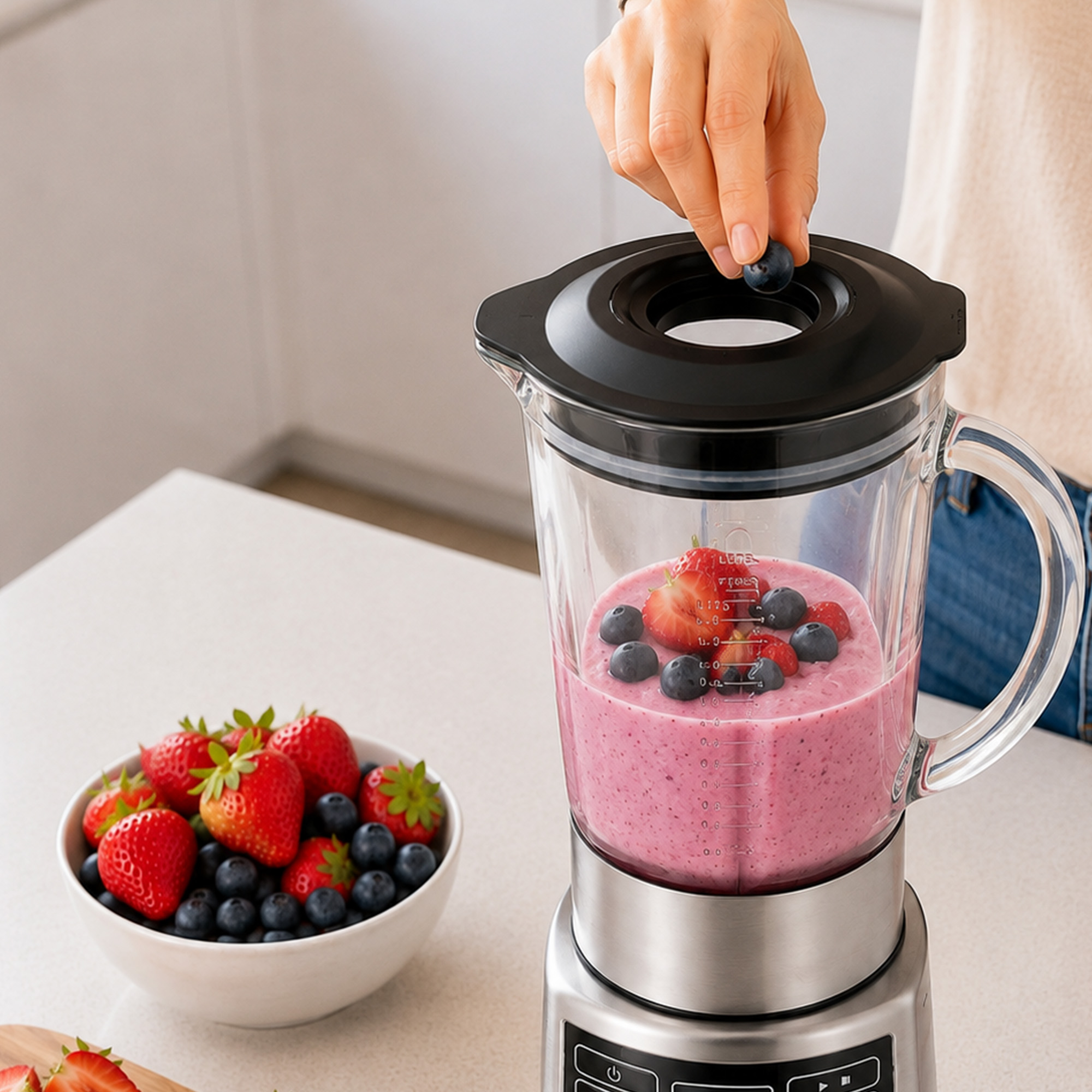 Une femme met une myrtille dans un blender de smoothie avec un bol de fruits frais à côté.