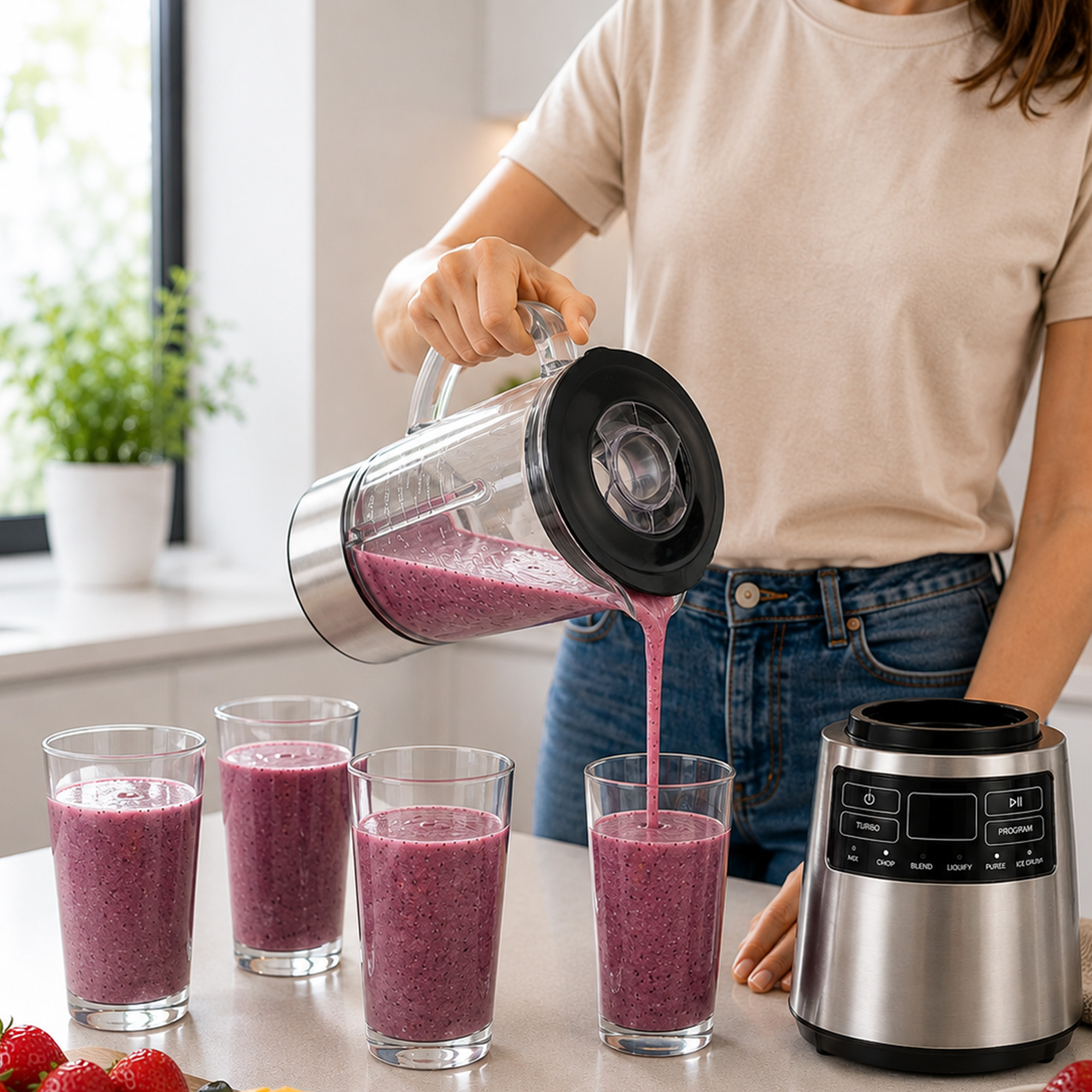 Une femme versant un smoothie rose d'un blender dans un verre.
