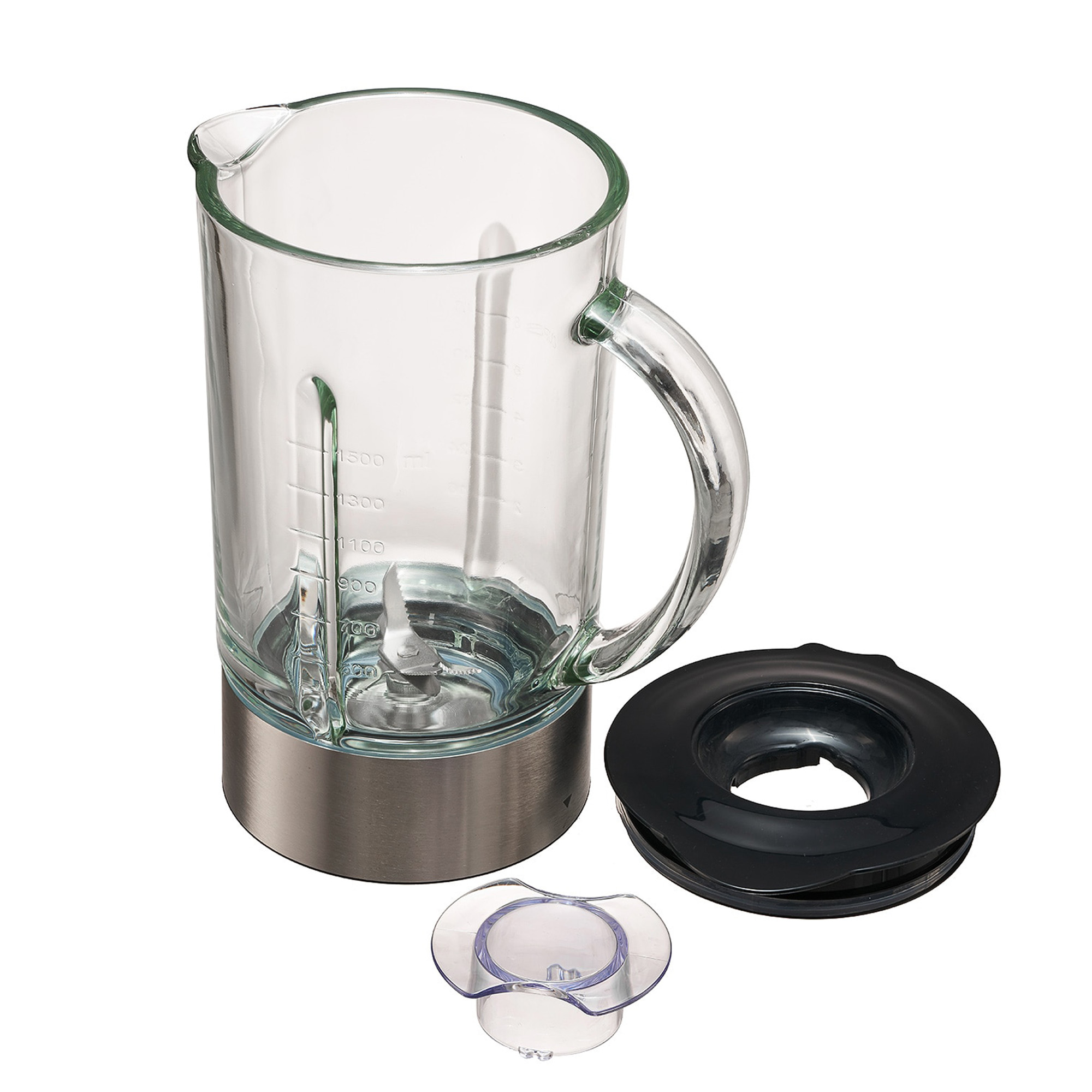 Un bol de blender en verre avec des graduations, une base en métal, un couvercle noir et un petit insert transparent.