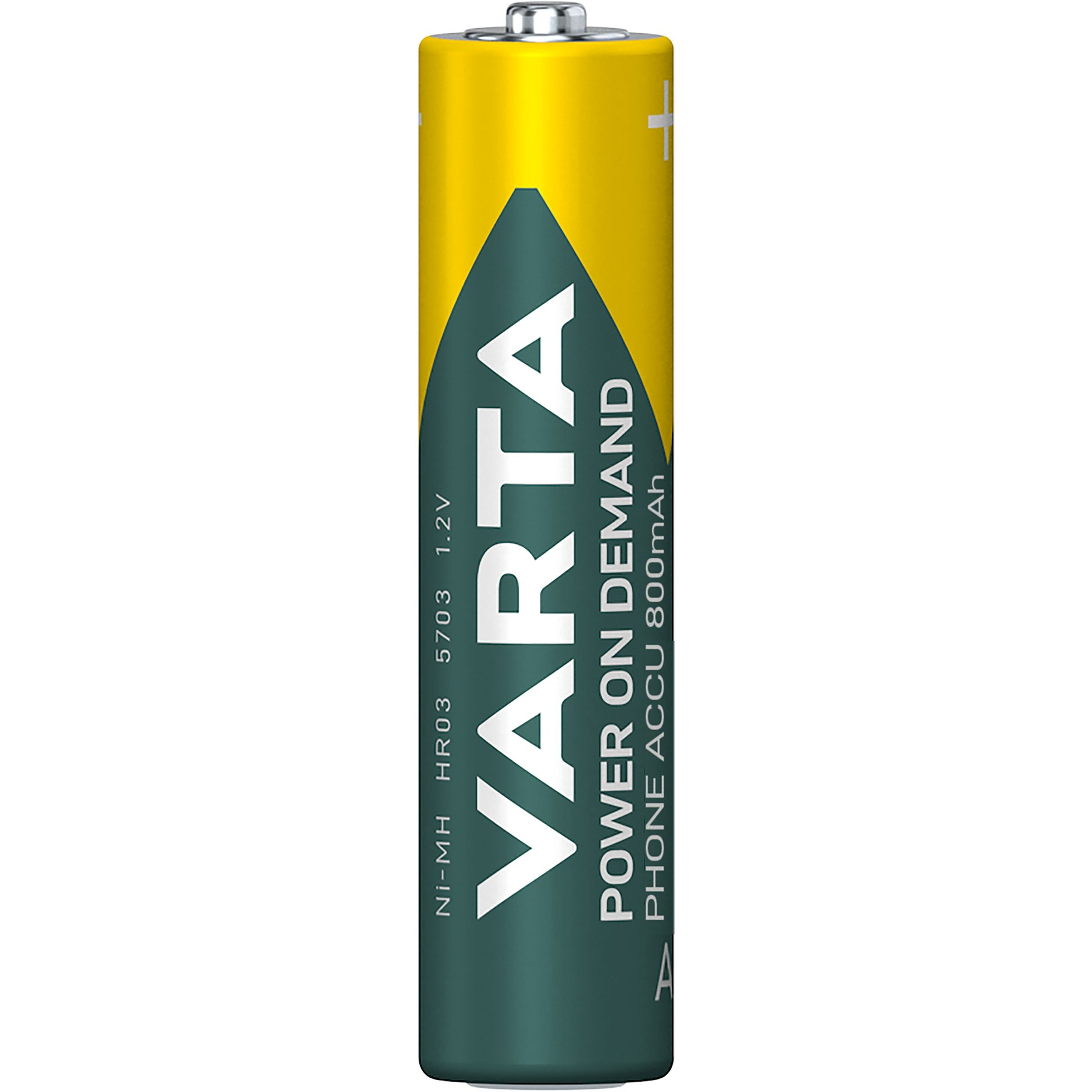 Eine aufrechte gelb-grüne Varta AAA Wiederaufladbare Batterie mit weißem Text.