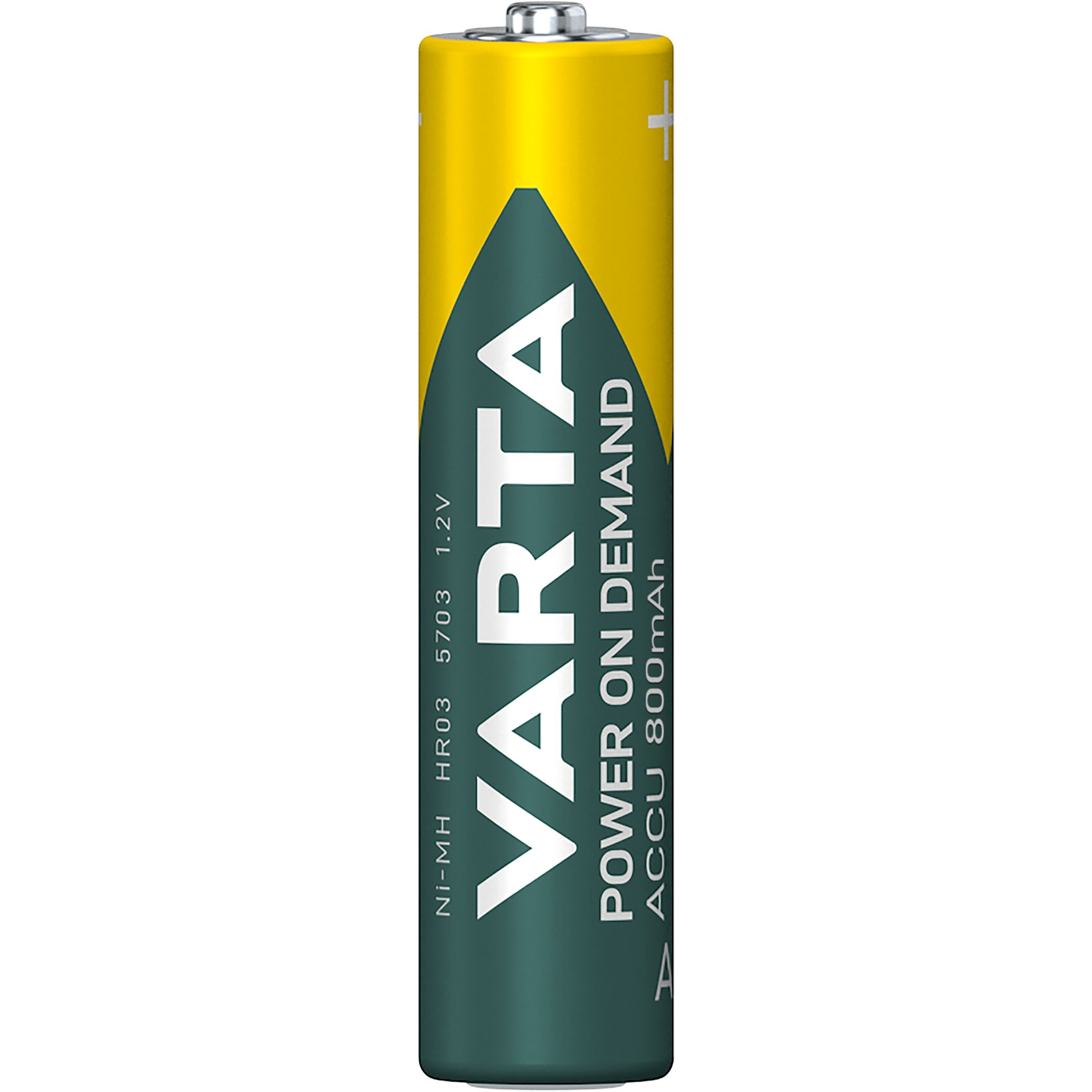 Eine gelb-grüne Varta AAA Wiederaufladbare Batterie mit weißem Text.