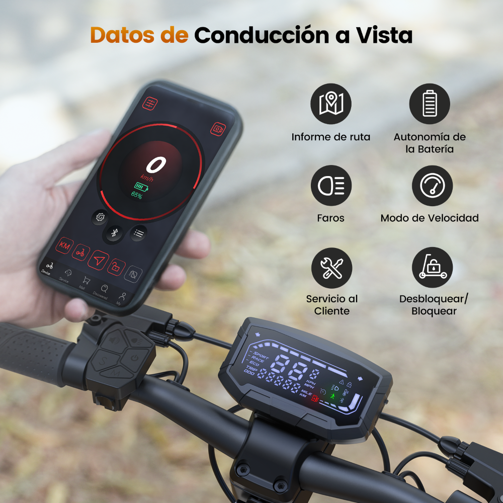 Smartphone con app y pantalla de e-scooter mostrando datos.