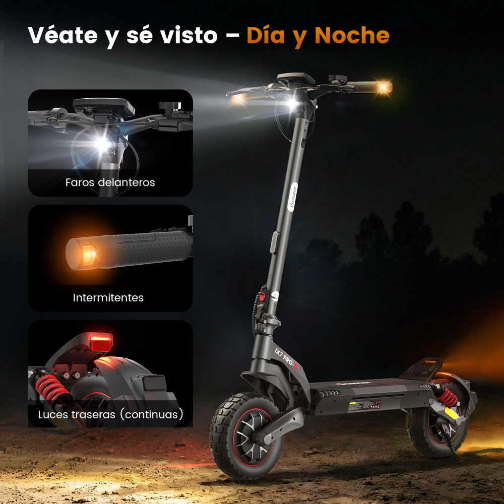 Un patinete eléctrico al aire libre con faros, intermitentes y luces traseras iluminados.