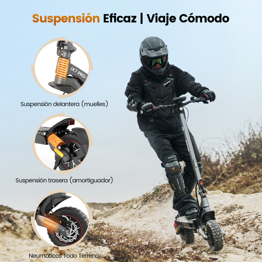 Un ciclista con equipo de protección conduce un monopatín todoterreno. A la izquierda se muestran detalles de suspensión.