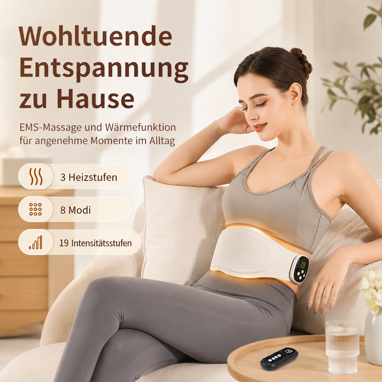 Eine Frau sitzt entspannt auf einem Sofa und trägt einen EMS-Massagegürtel mit Wärmefunktion.