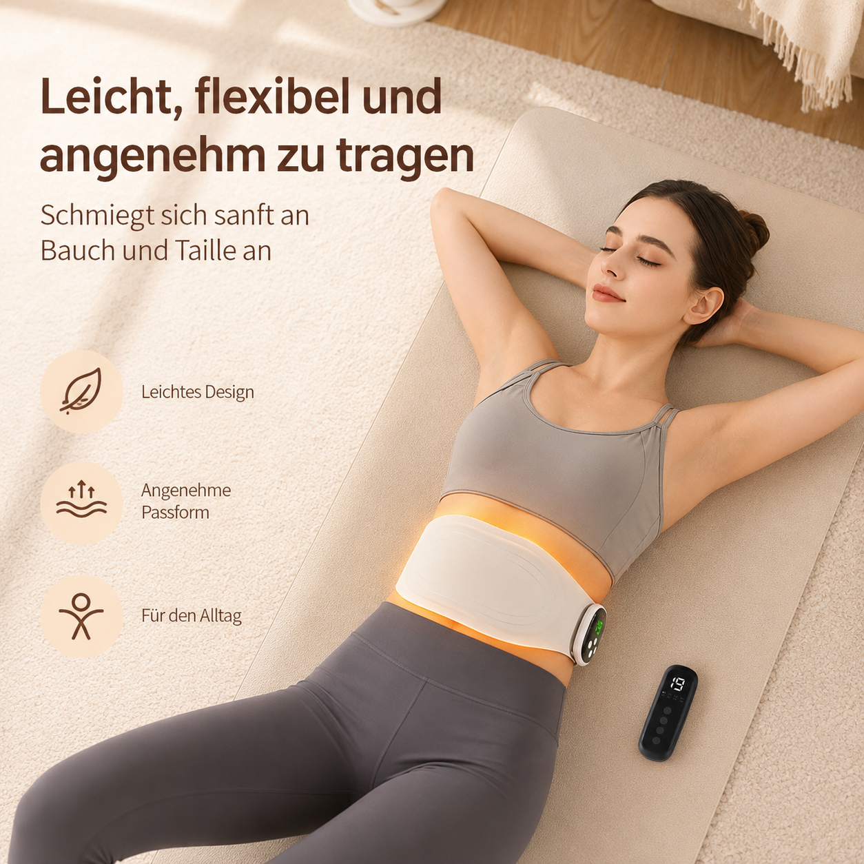 Eine Frau liegt auf einer Matte und trägt einen Wärmegürtel um die Taille mit Fernbedienung.