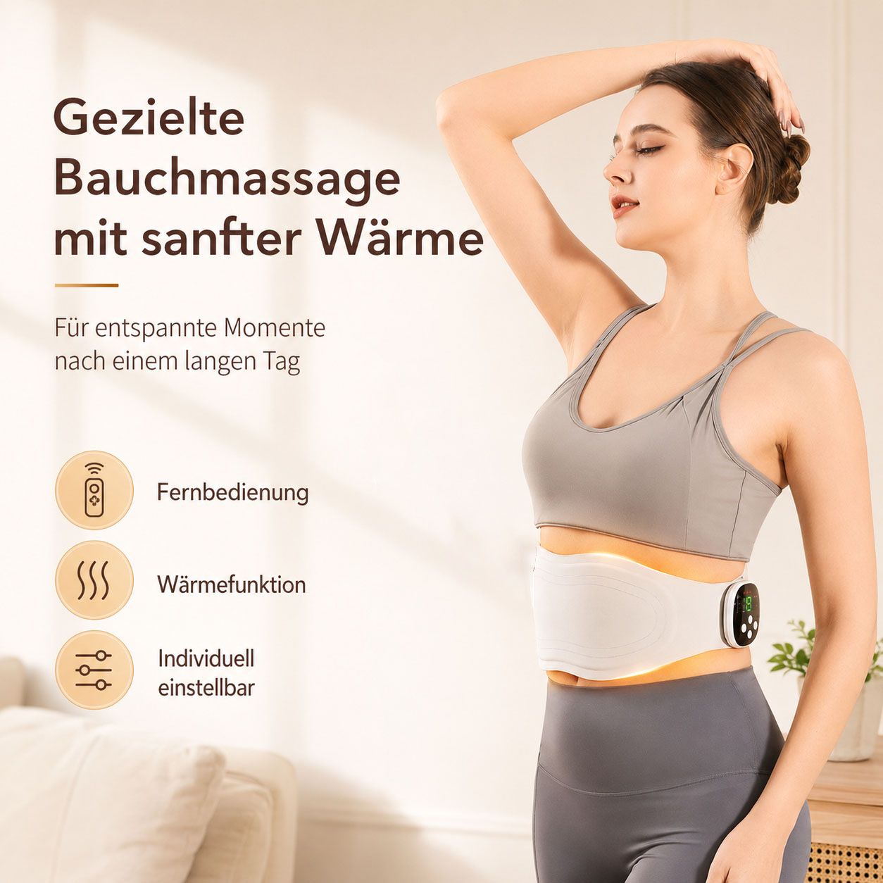 Eine Frau trägt einen weißen Bauchmassagegürtel mit Wärmefunktion und Fernbedienung.