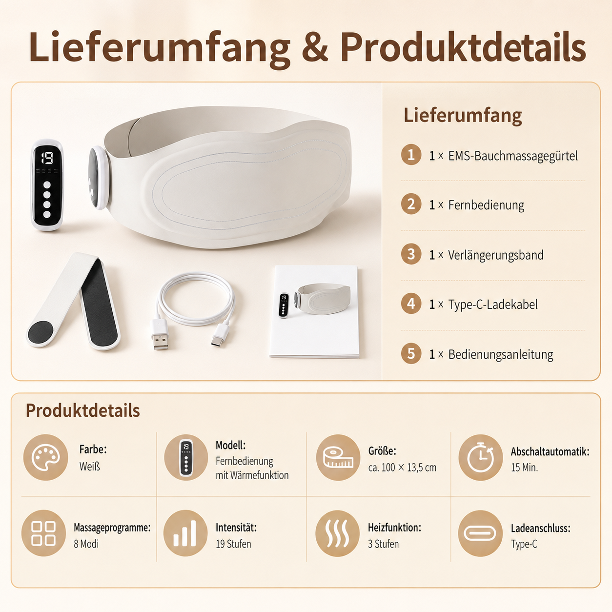 Übersicht des Lieferumfangs und Produktdetails eines EMS-Bauchmassagegürtels mit Zubehör und technischen Daten.
