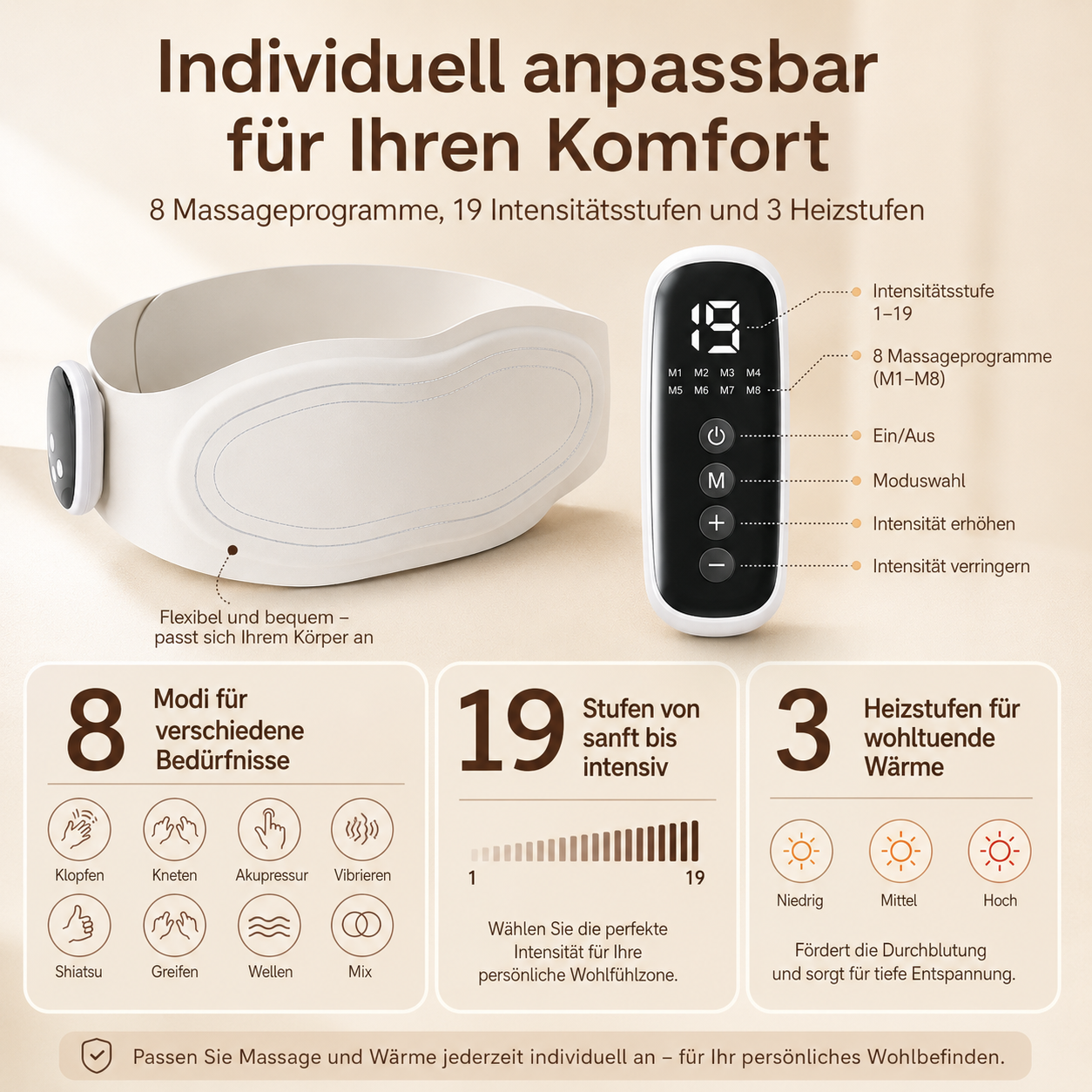 Ein weißer Massagegürtel mit Fernbedienung, 8 Programmen, 19 Intensitäten und 3 Heizstufen.