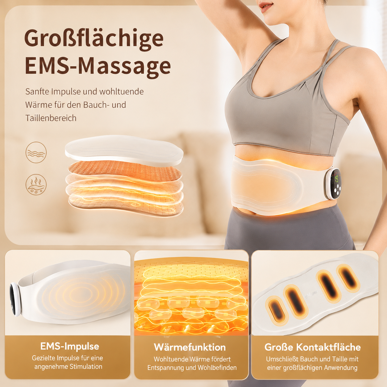 Frau trägt EMS-Massagegürtel am Bauch mit Wärmefunktion und Kontaktdetails.