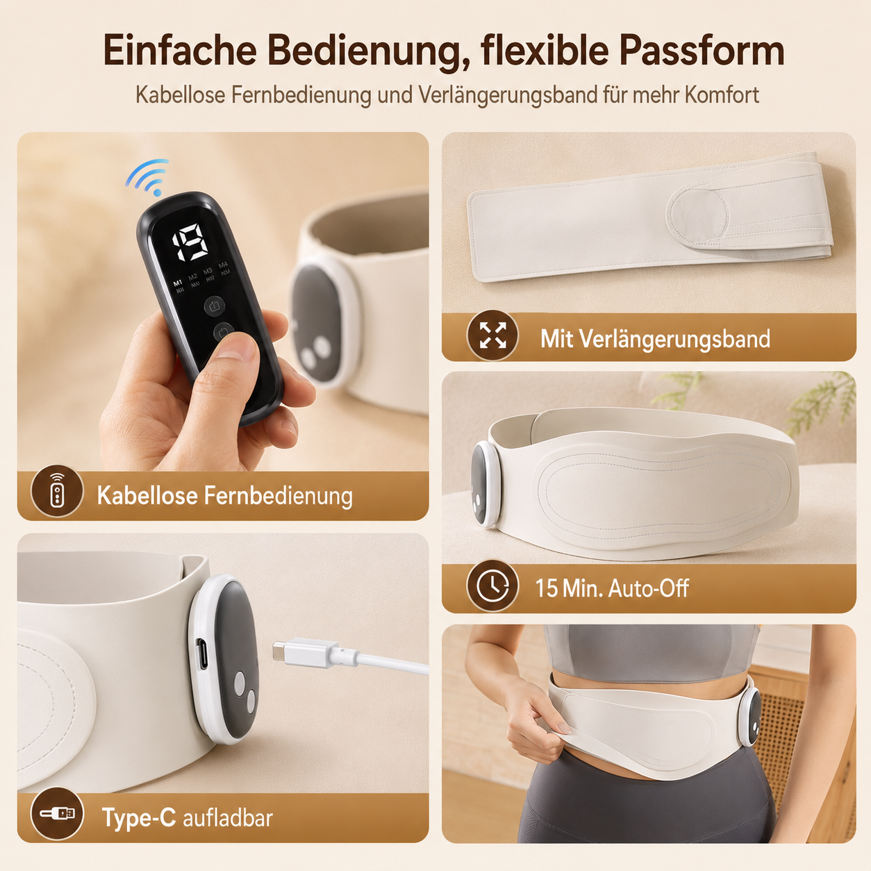 Beige Fitnessgürtel mit Fernbedienung, Verlängerungsband und USB-C-Anschluss.