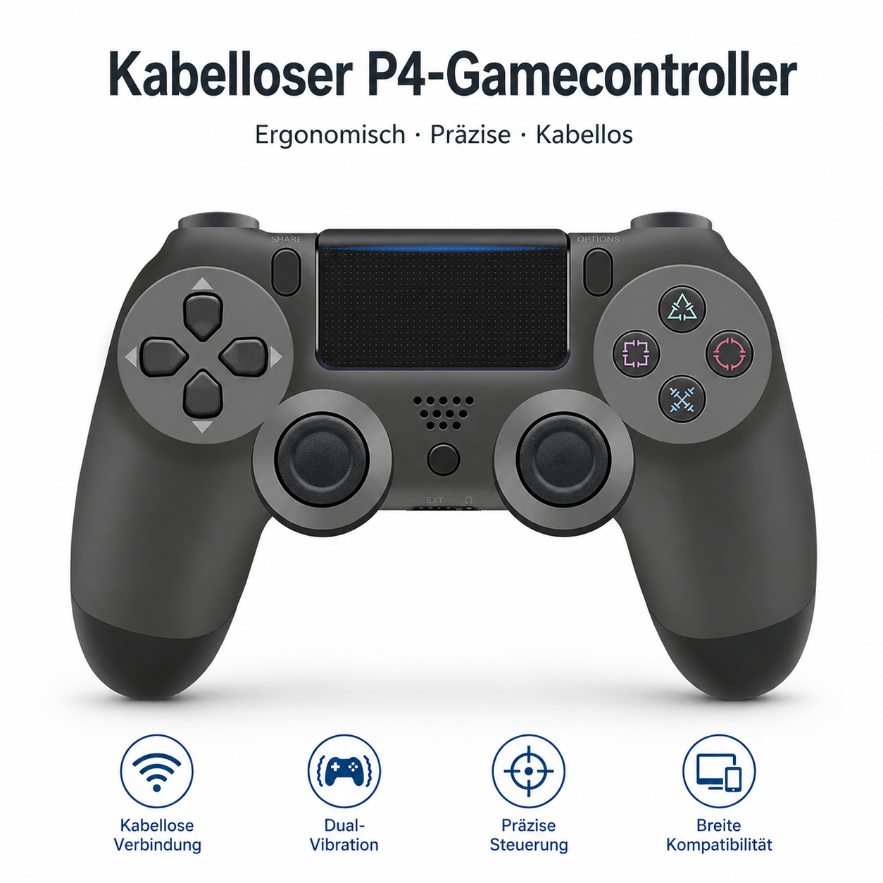 Ein schwarzer kabelloser P4-Gamecontroller mit Tasten, Joysticks und vier Icons am unteren Rand auf weißem Hintergrund.