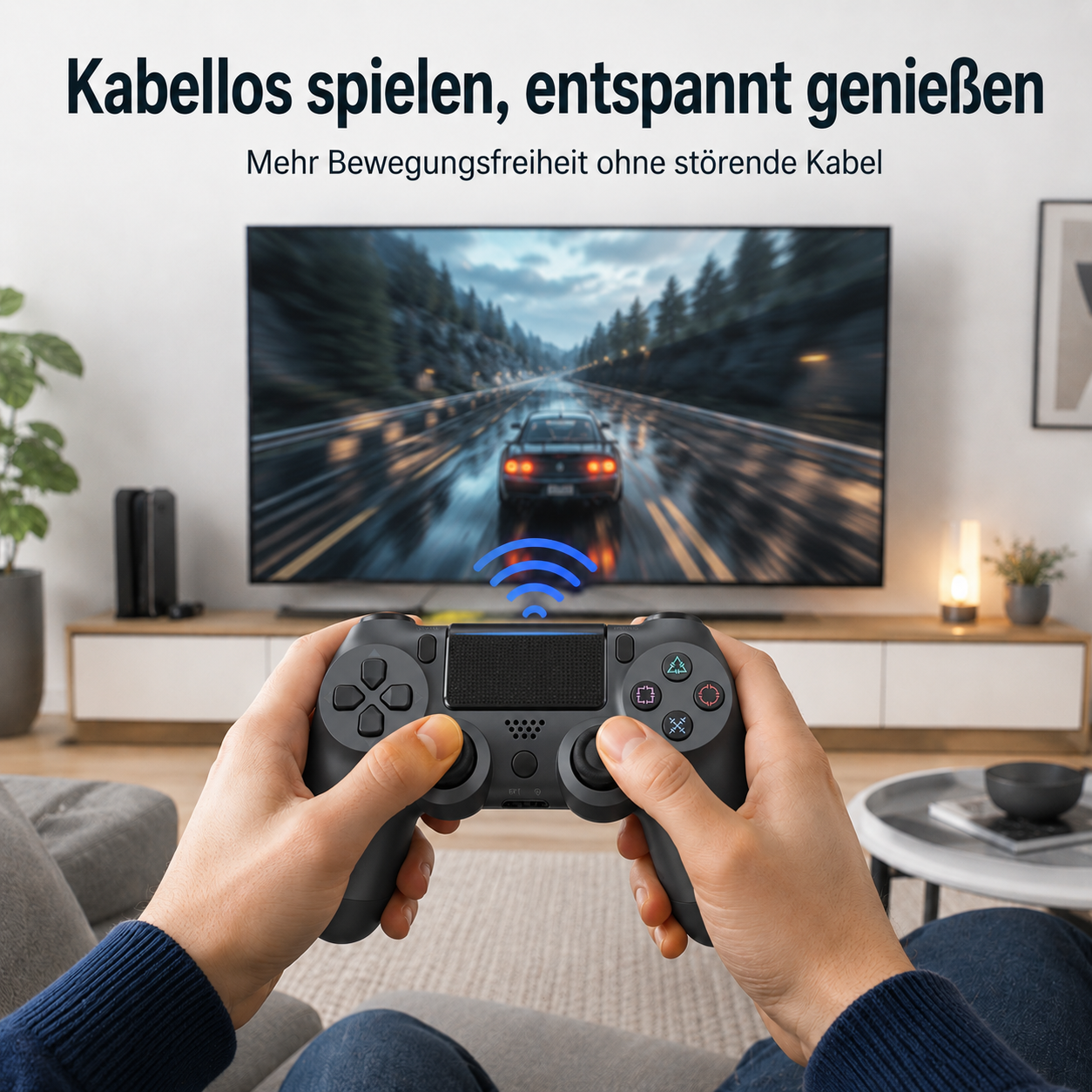 Person hält einen schwarzen Wireless-Controller vor einem Fernseher mit Rennspiel.