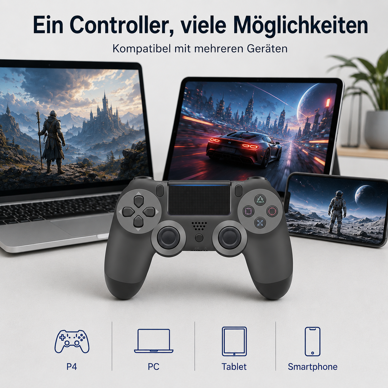 Ein Gamecontroller vor einem Laptop, Tablet und Smartphone mit verschiedenen Spielszenen auf den Bildschirmen.