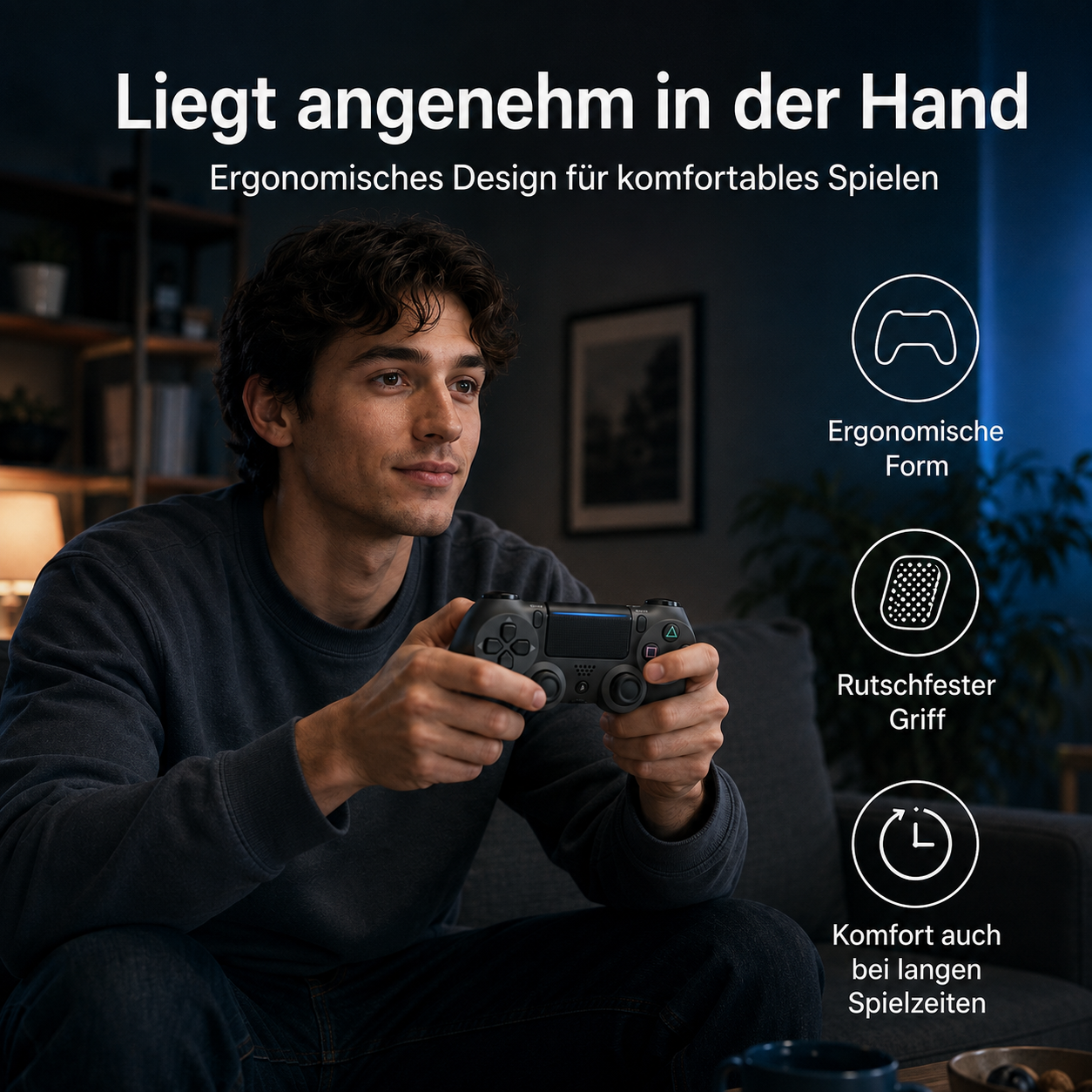Ein junger Mann sitzt auf einem Sofa und spielt mit einem ergonomischen Controller in einem abgedunkelten Zimmer.