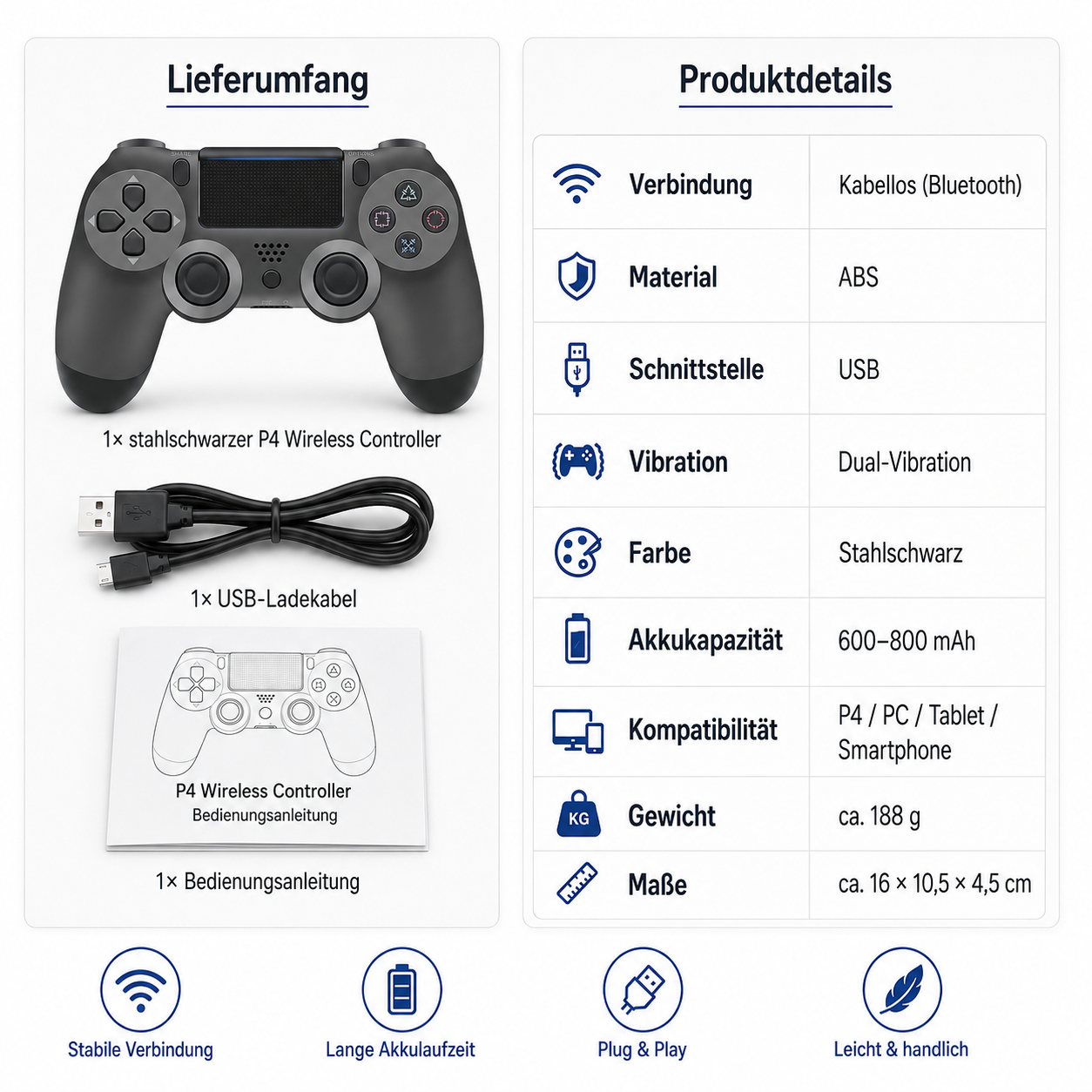 Produktinfografik mit einem kabellosen Controller, USB-Ladekabel, Anleitung und technischen Details.