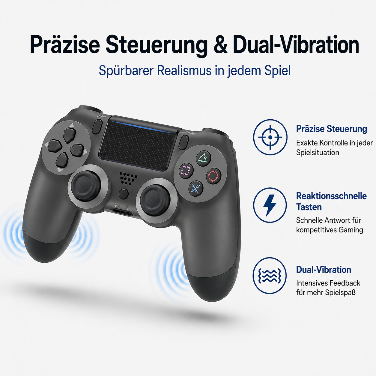 Ein grauer Gamecontroller mit blauen Vibrationsringen unten und erklärendem Text rechts.