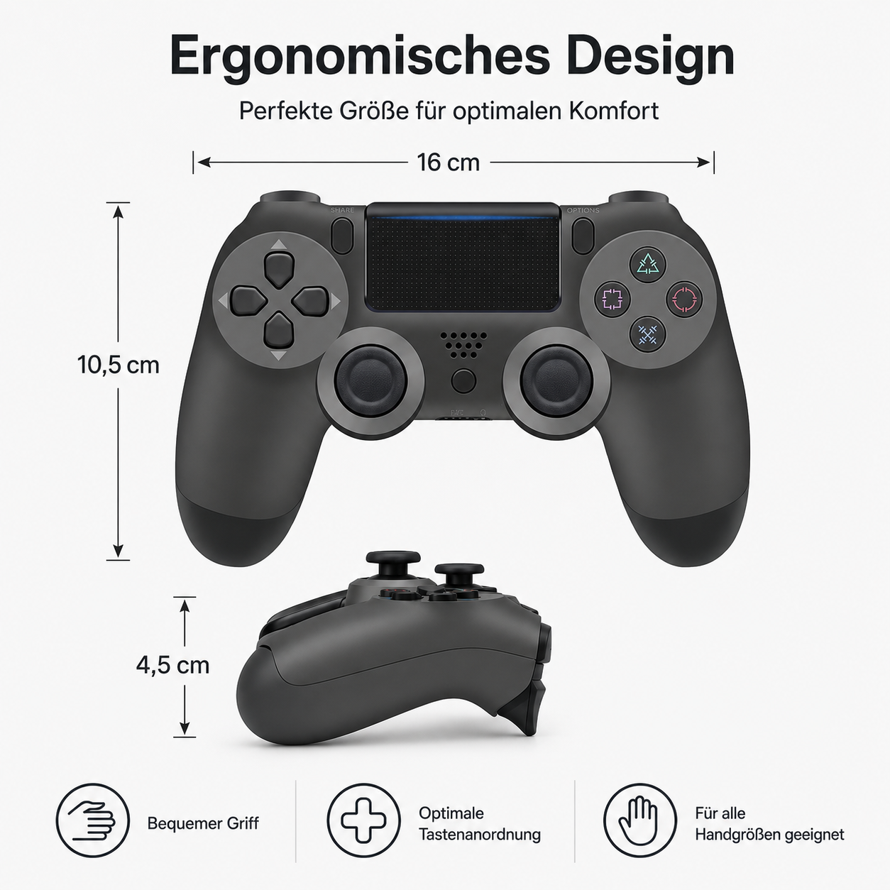 Diagramm zeigt die Maße eines grauen Gamepads: 16 cm breit, 10,5 cm hoch, mit ergonomischem Design und Griffinfos.