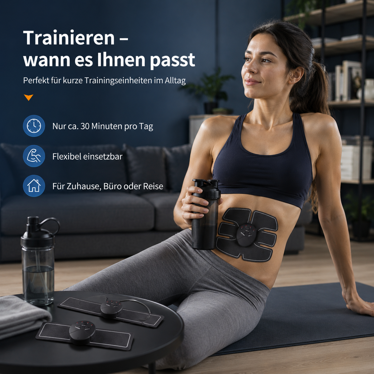 Eine Frau mit Fitnessgürtel auf dem Bauch sitzt auf einer Matte und hält einen Shaker, mit deutschem Text.