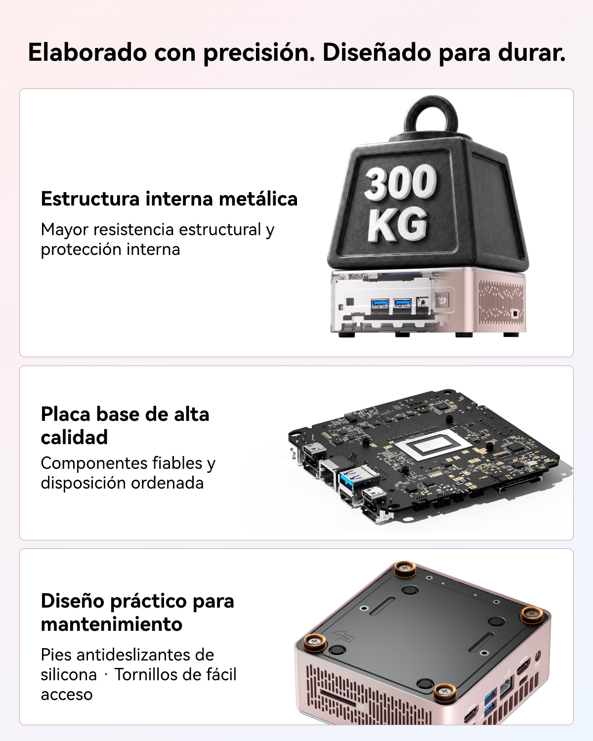 Infografía que muestra la estructura metálica interna, placa base y diseño del mini PC soportando 300 kg.