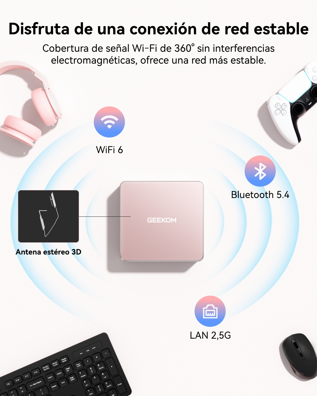 Mini PC con Wi-Fi 6, Bluetooth 5.4 y LAN 2.5G, rodeado de auriculares, mando, teclado y ratón.