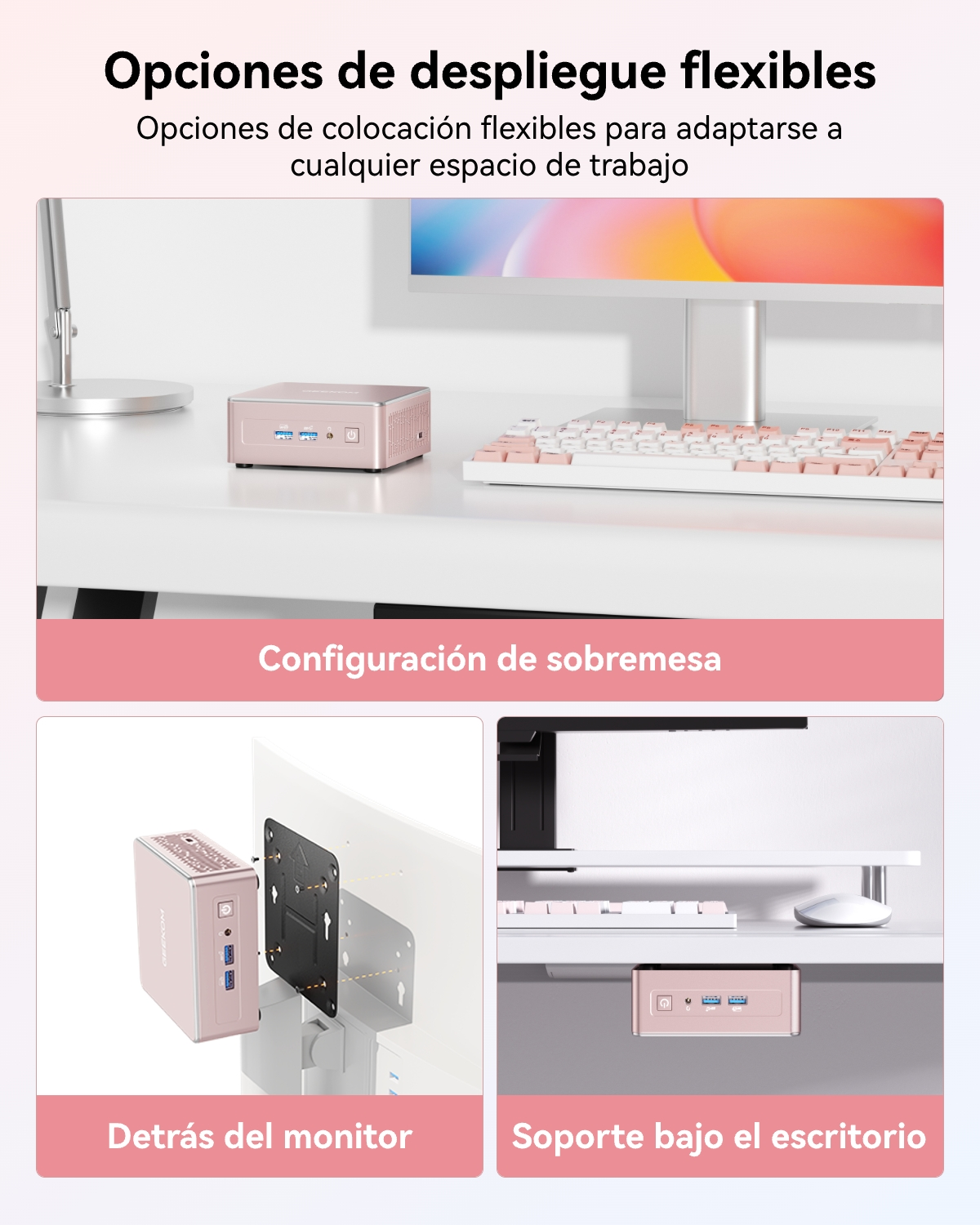 Un mini PC rosa compacto mostrado en el escritorio, montado detrás del monitor y bajo el escritorio.