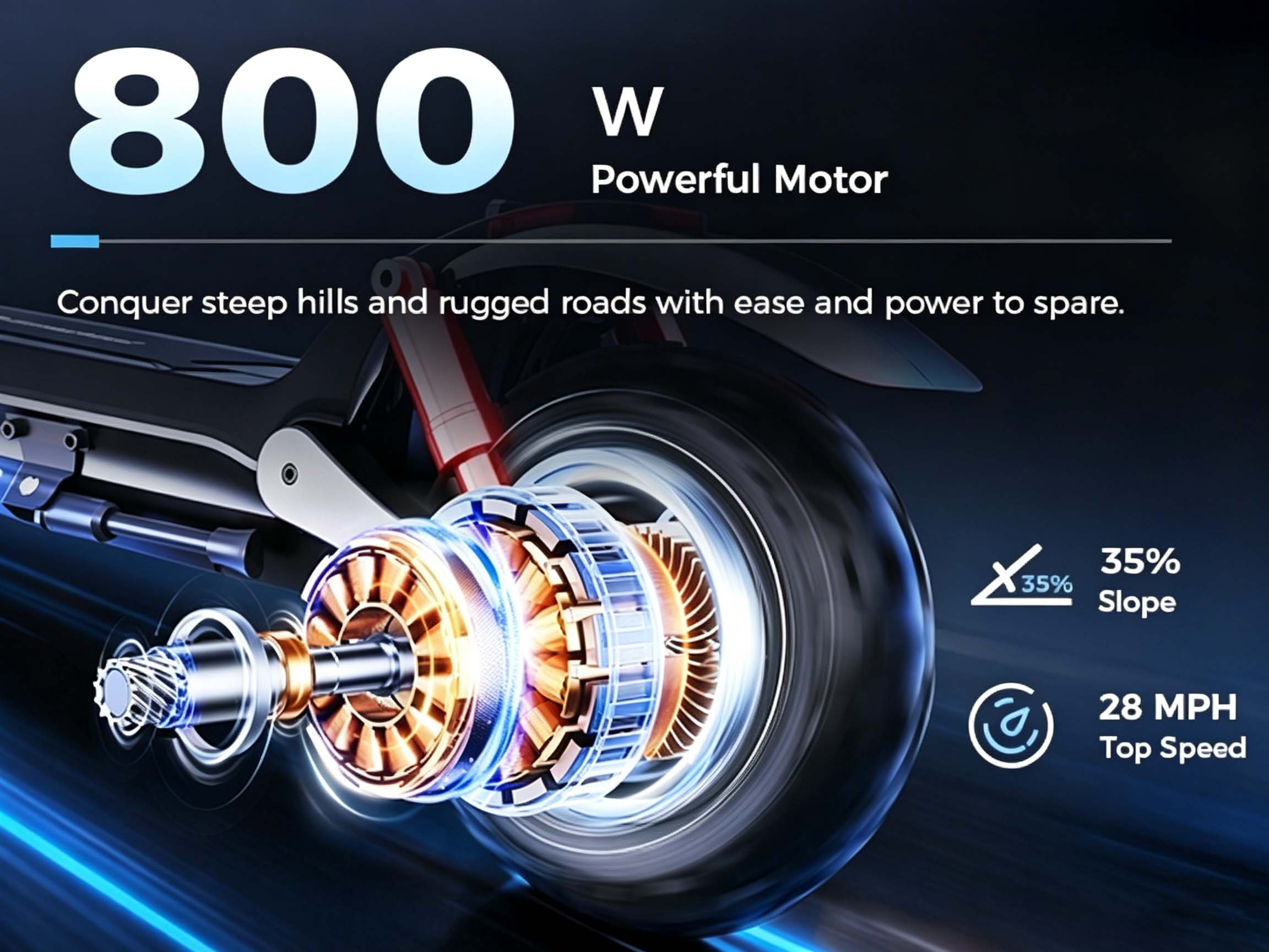 Diagrama de un motor de 800W en la rueda de un patinete eléctrico con texto de potencia y velocidad.