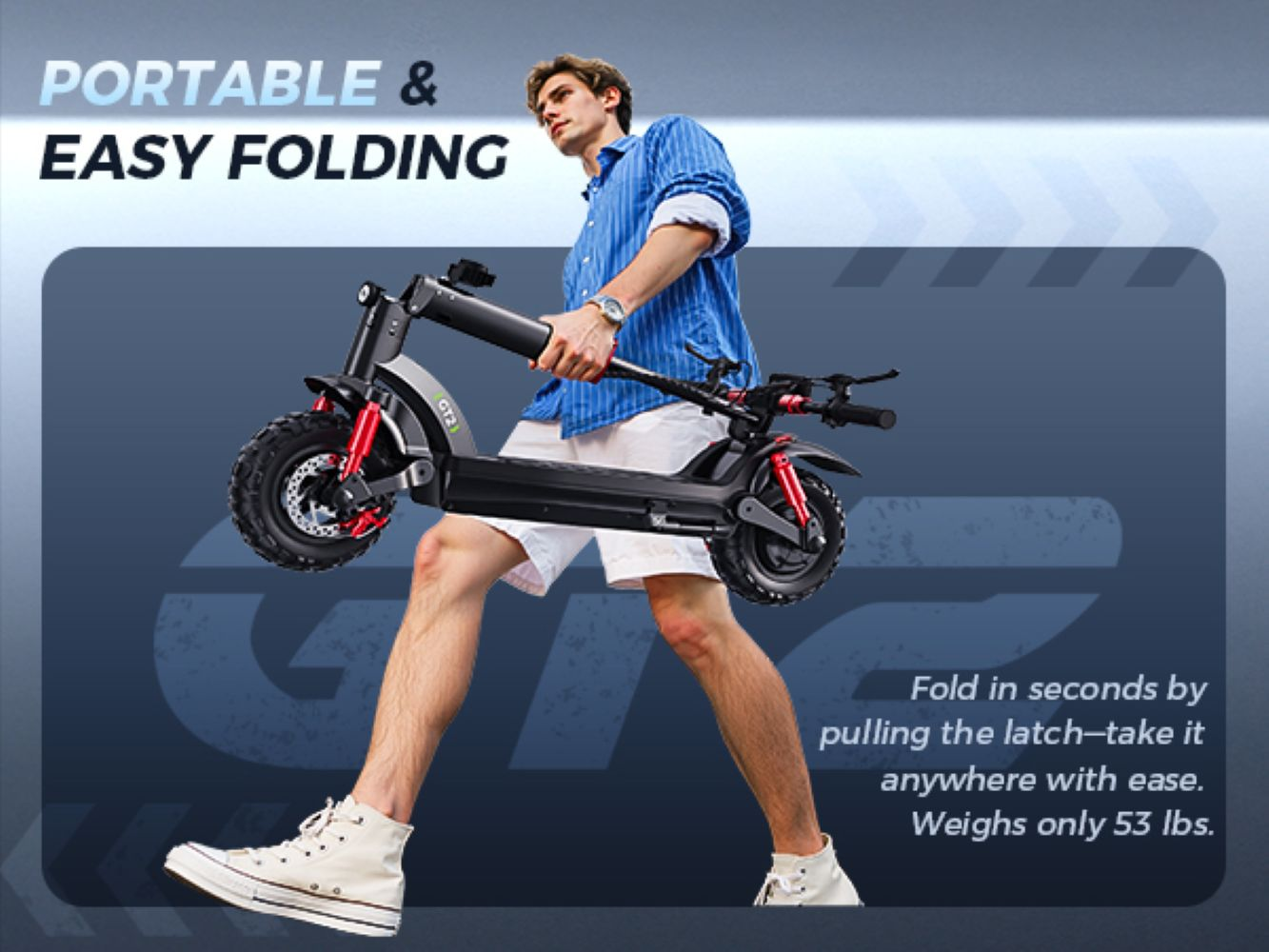 Un hombre con camisa azul y pantalones cortos blancos lleva un patinete eléctrico negro plegado.