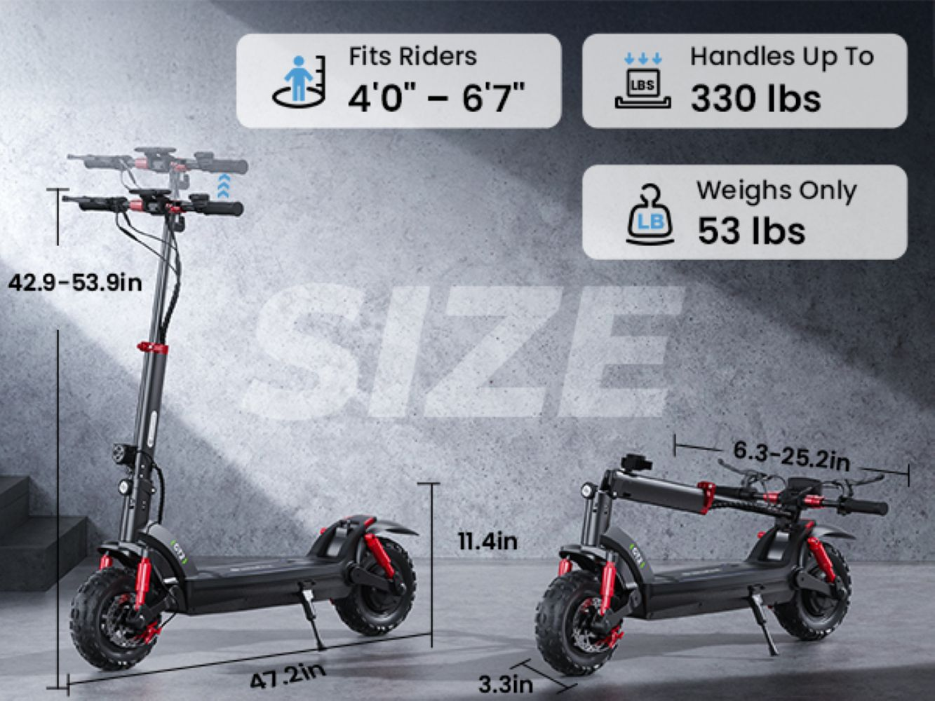 Infografía que muestra las dimensiones de un patinete eléctrico y sus datos de peso.