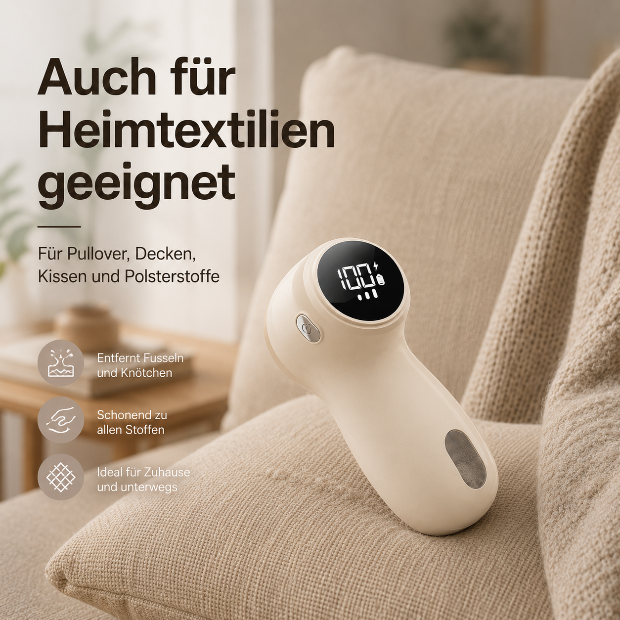 Beige Fusselrasierer mit Digitalanzeige auf einem Sofakissen mit deutschem Werbetext.