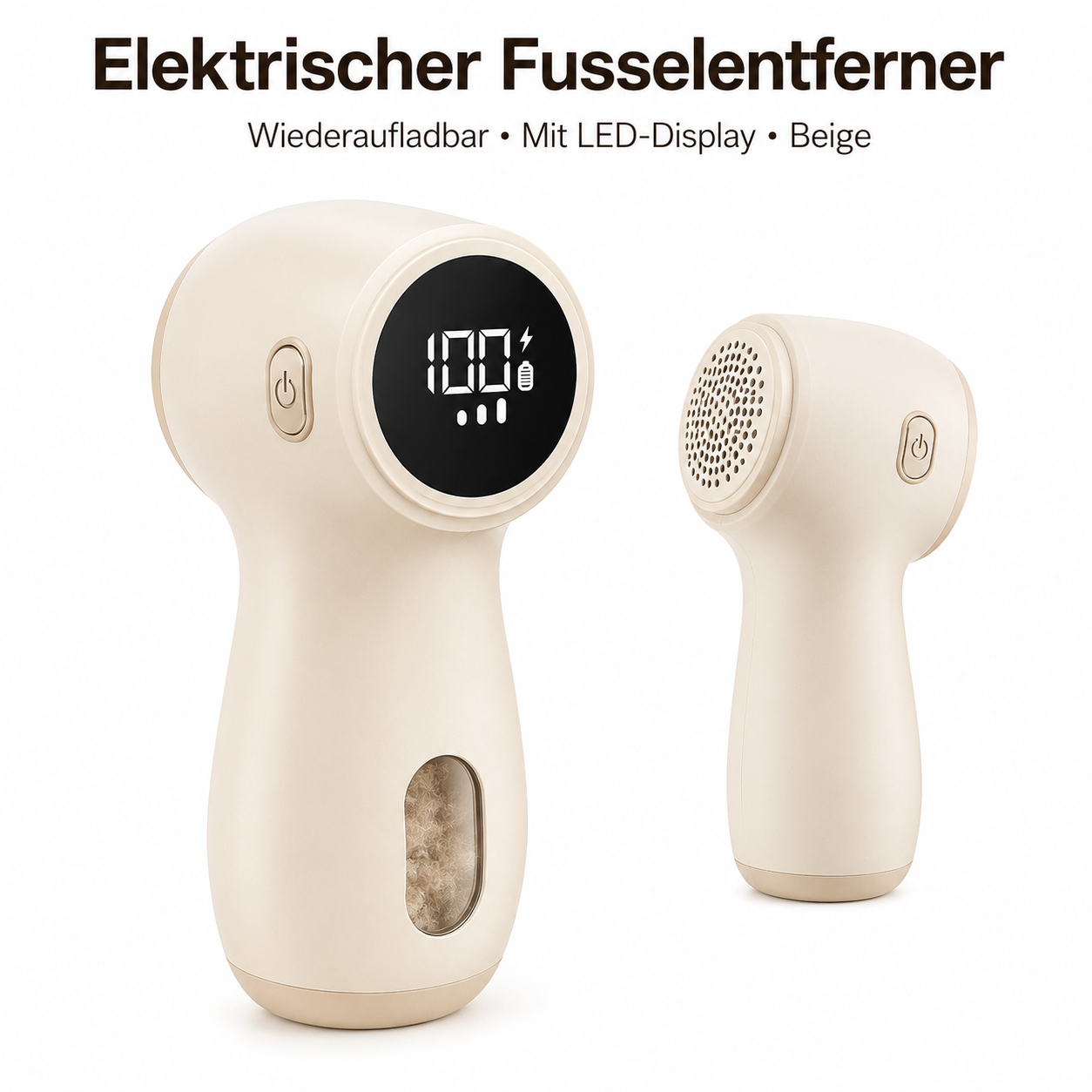 Beige elektrischer Fusselentferner mit digitalem LED-Display und Sichtfenster für gesammelte Fusseln.
