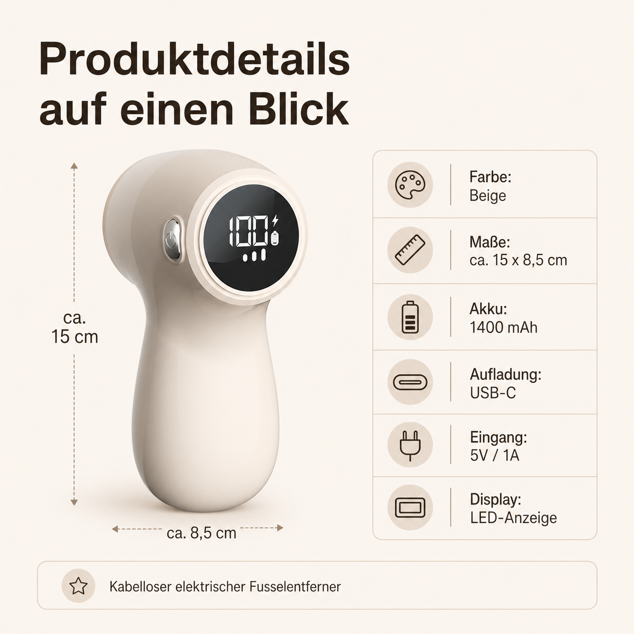 Infografik mit den Produktdetails eines beigen, elektrischen Fusselentferners inklusive Maßen und technischen Daten.